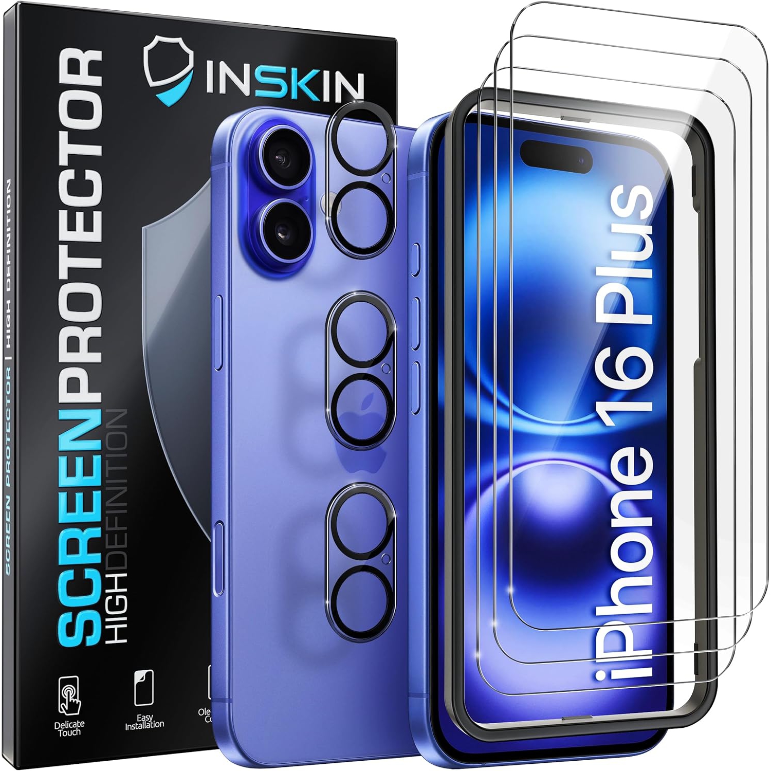 Inskin Tempered Glass for iPhone 16 Plus, Screen Protector with Camera Lens Guard, Auto Alignment Tray, 6.7 inch, Ultra HD, Case Compatible, 3+3 Pack