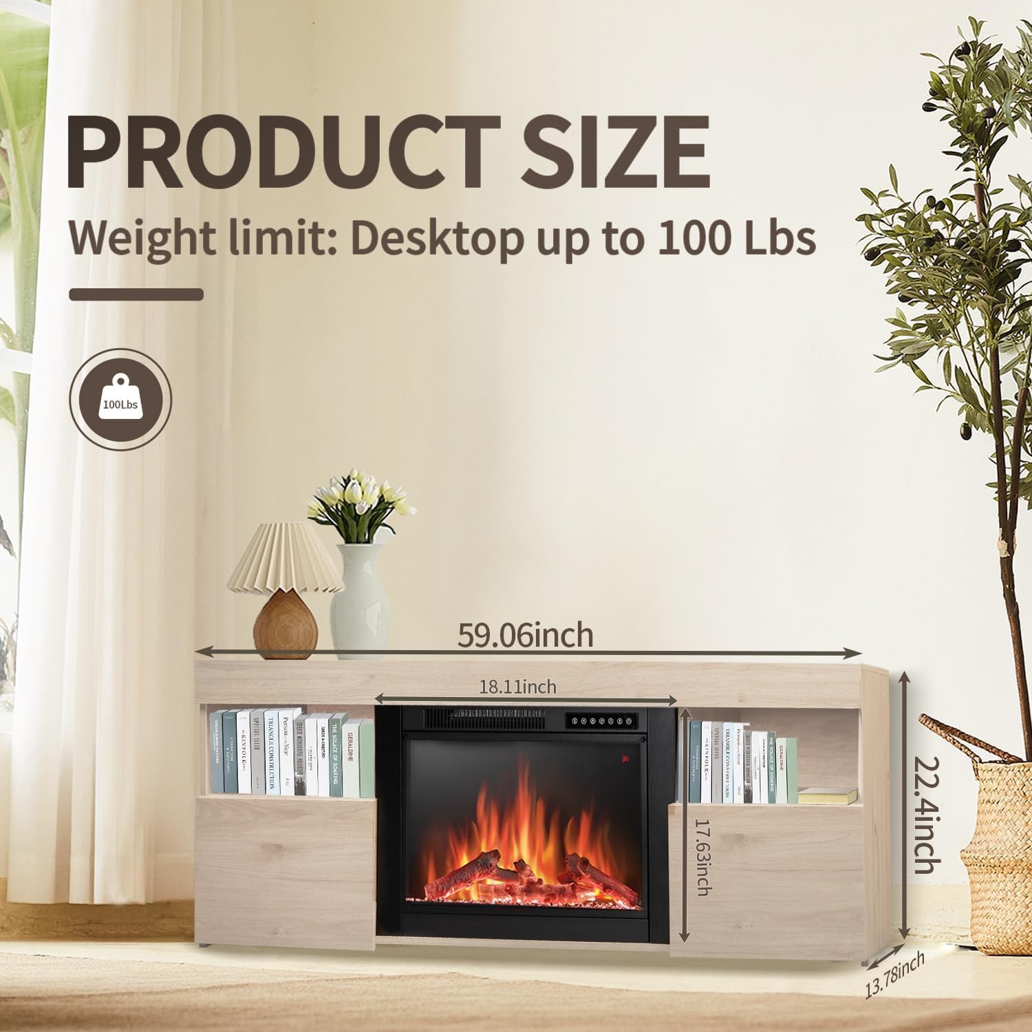 ZAFRO Electric Fireplace TV Stand with Mantel, Freestanding Wooden Frame Firebox, Adjustable Real 3D Flame Brightness, Remote Control, for TVs Up to