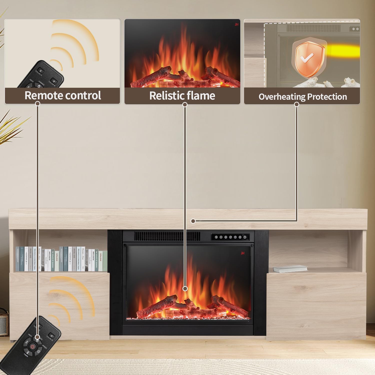 ZAFRO Electric Fireplace TV Stand with Mantel, Freestanding Wooden Frame Firebox, Adjustable Real 3D Flame Brightness, Remote Control, for TVs Up to