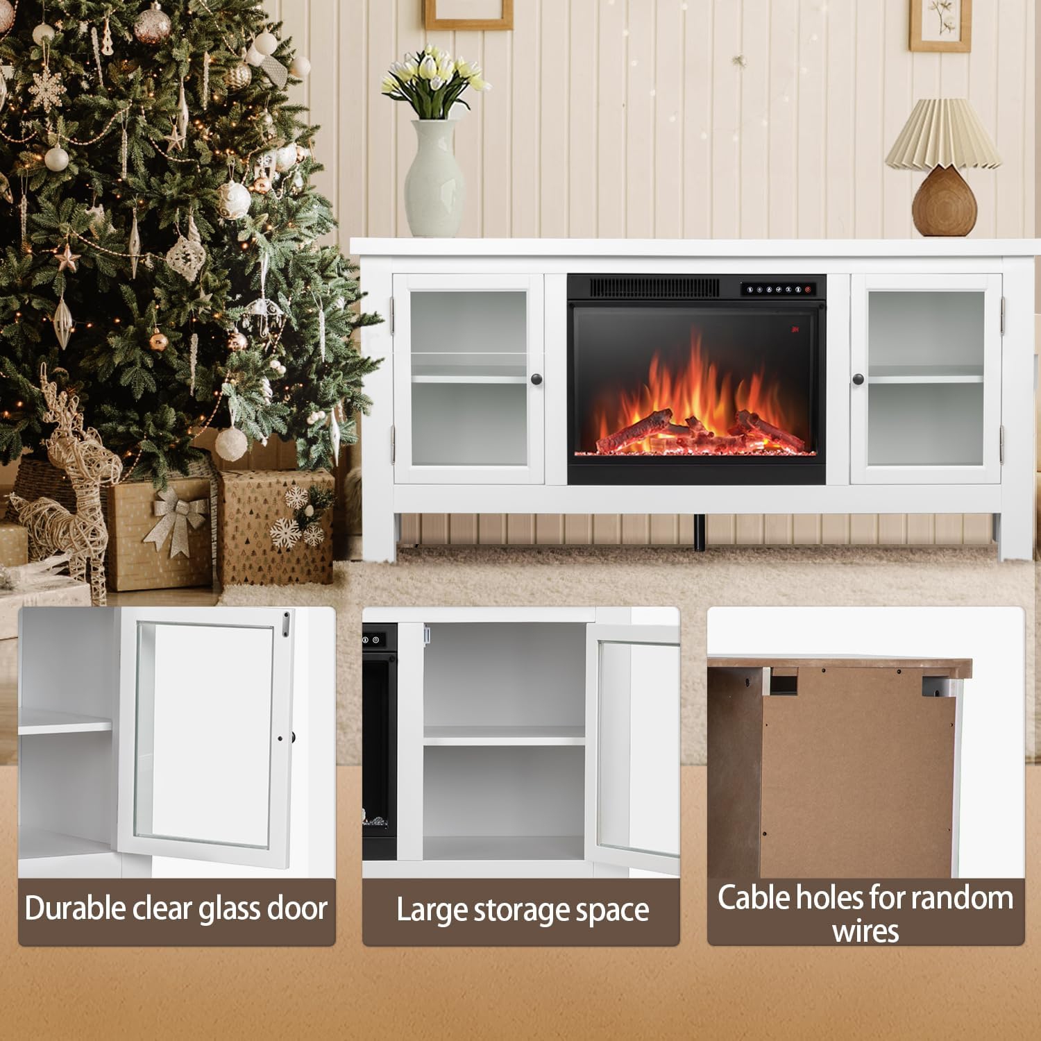 Foyer électrique ZAFRO, avec manteau, foyer en bois autonome, luminosité et couleur de flamme 3D réalistes réglables, tablettes de porte en verre,