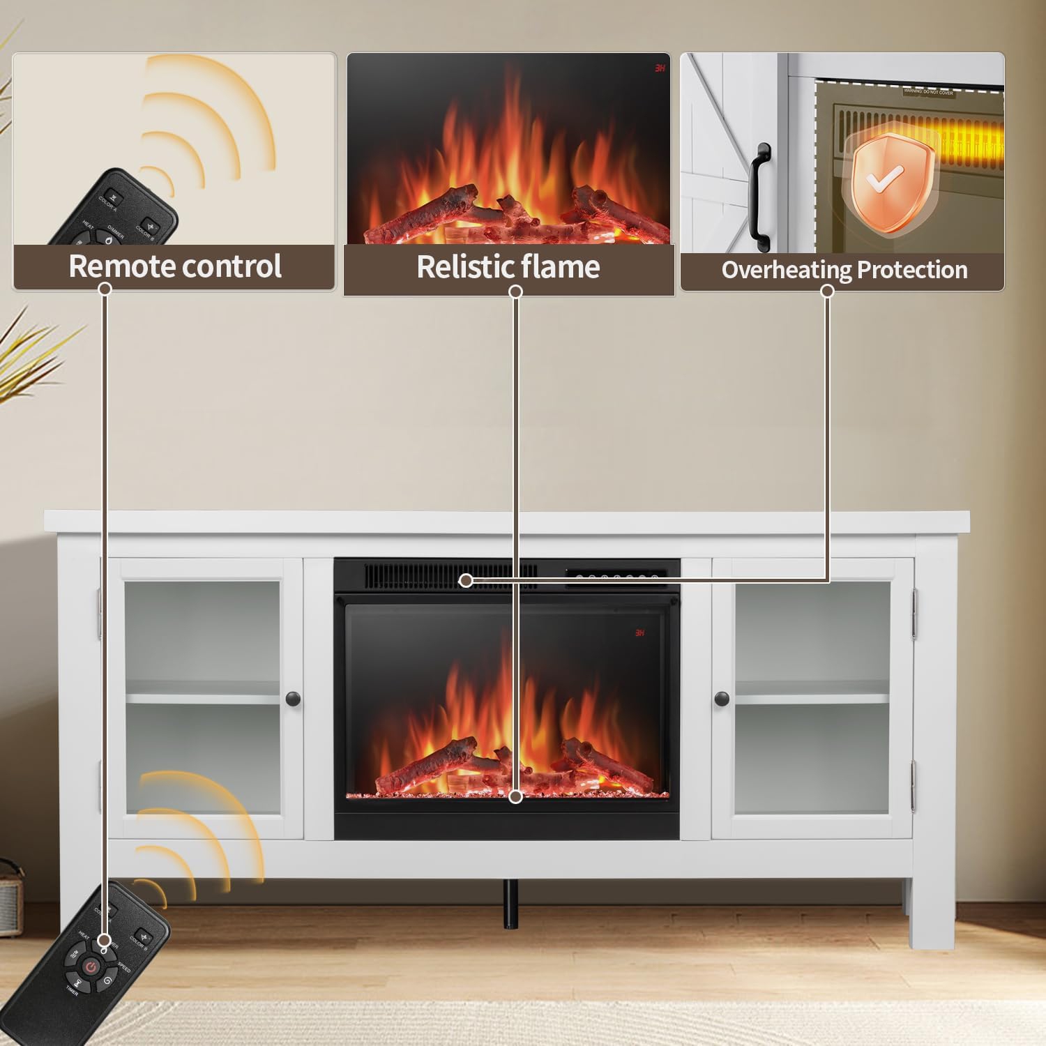 Foyer électrique ZAFRO, avec manteau, foyer en bois autonome, luminosité et couleur de flamme 3D réalistes réglables, tablettes de porte en verre,