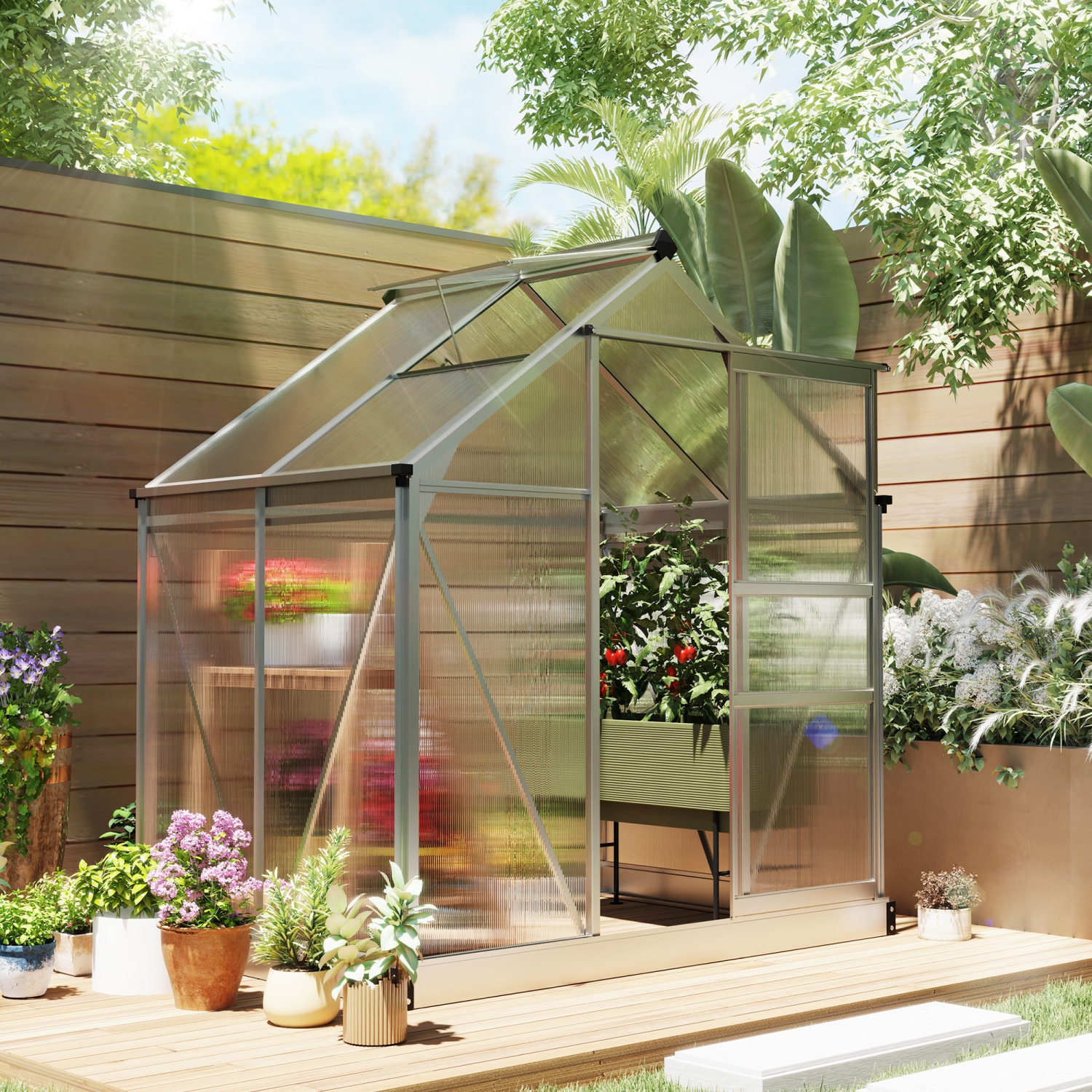 Greenhouse en polycarbonate Outsunny, 6 x 4 x 6,6 pi, ensemble de maison verte, plantes cultivées, cadre en feuille en aluminium galvanisé avec
