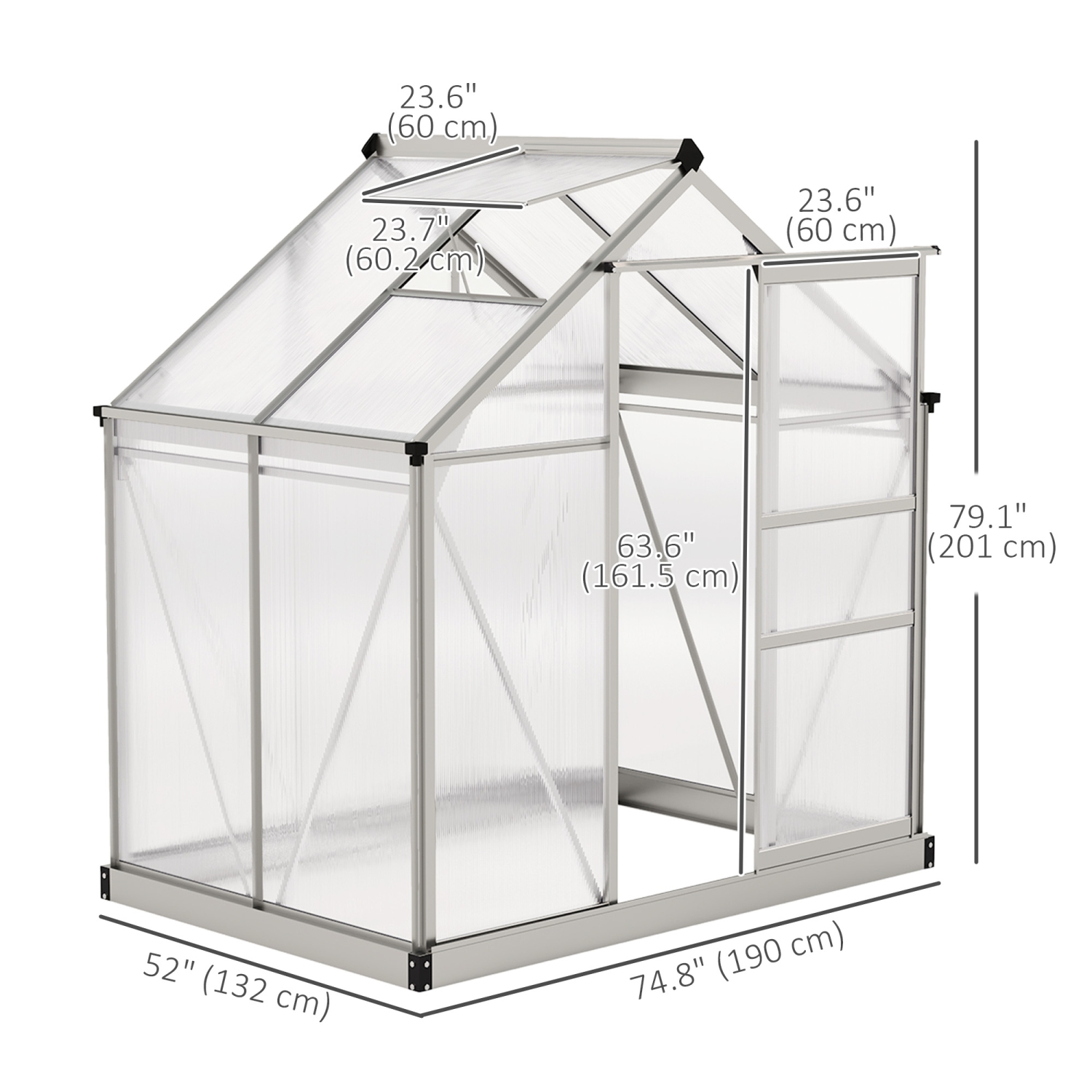 Greenhouse en polycarbonate Outsunny, 6 x 4 x 6,6 pi, ensemble de maison verte, plantes cultivées, cadre en feuille en aluminium galvanisé avec
