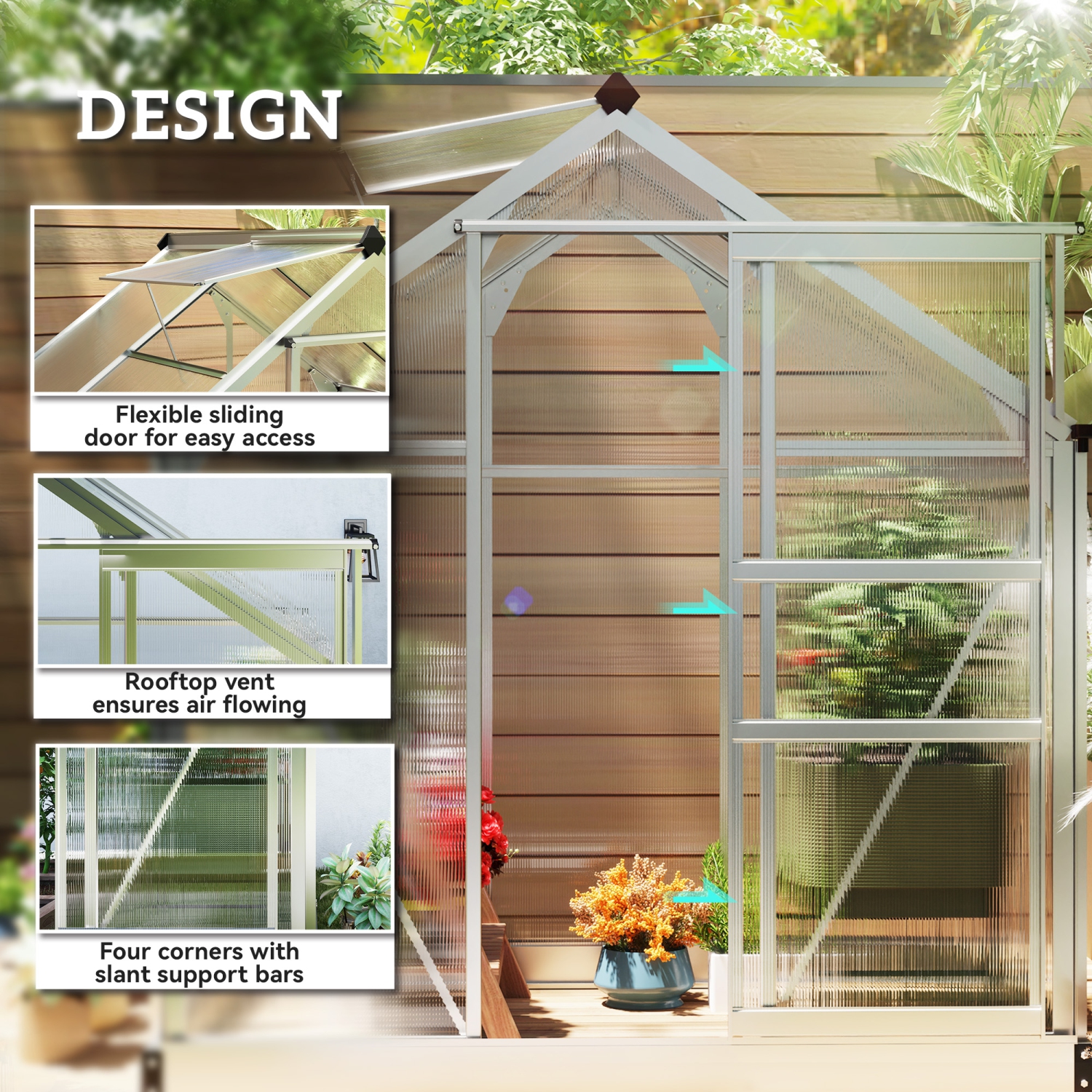 Greenhouse en polycarbonate Outsunny, 6 x 4 x 6,6 pi, ensemble de maison verte, plantes cultivées, cadre en feuille en aluminium galvanisé avec