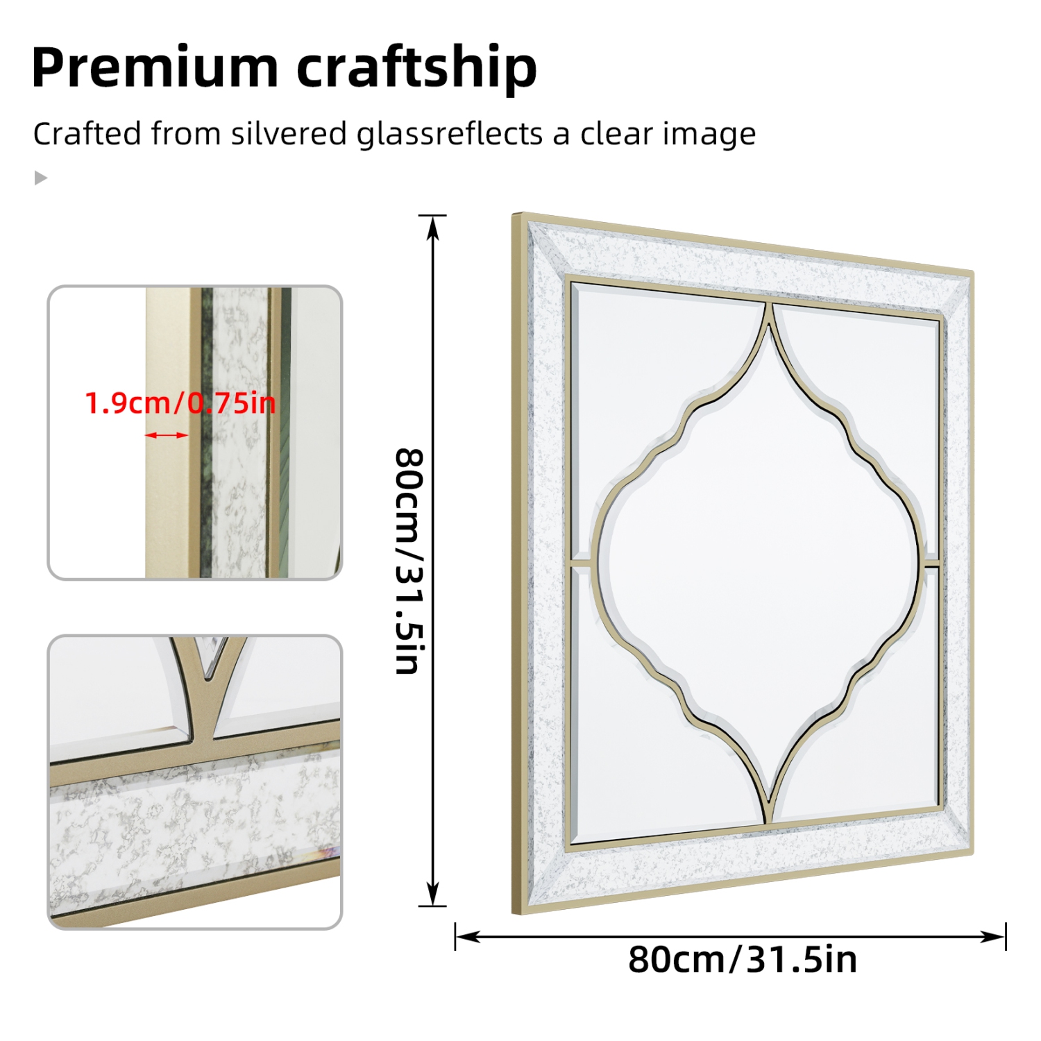 Wall Art Mirror Elegant Square Wall Silver Glass with Golden Rim Decorative Accent Mirror for Bedroom Hallway Bathroom Living Room Entryway Decorating