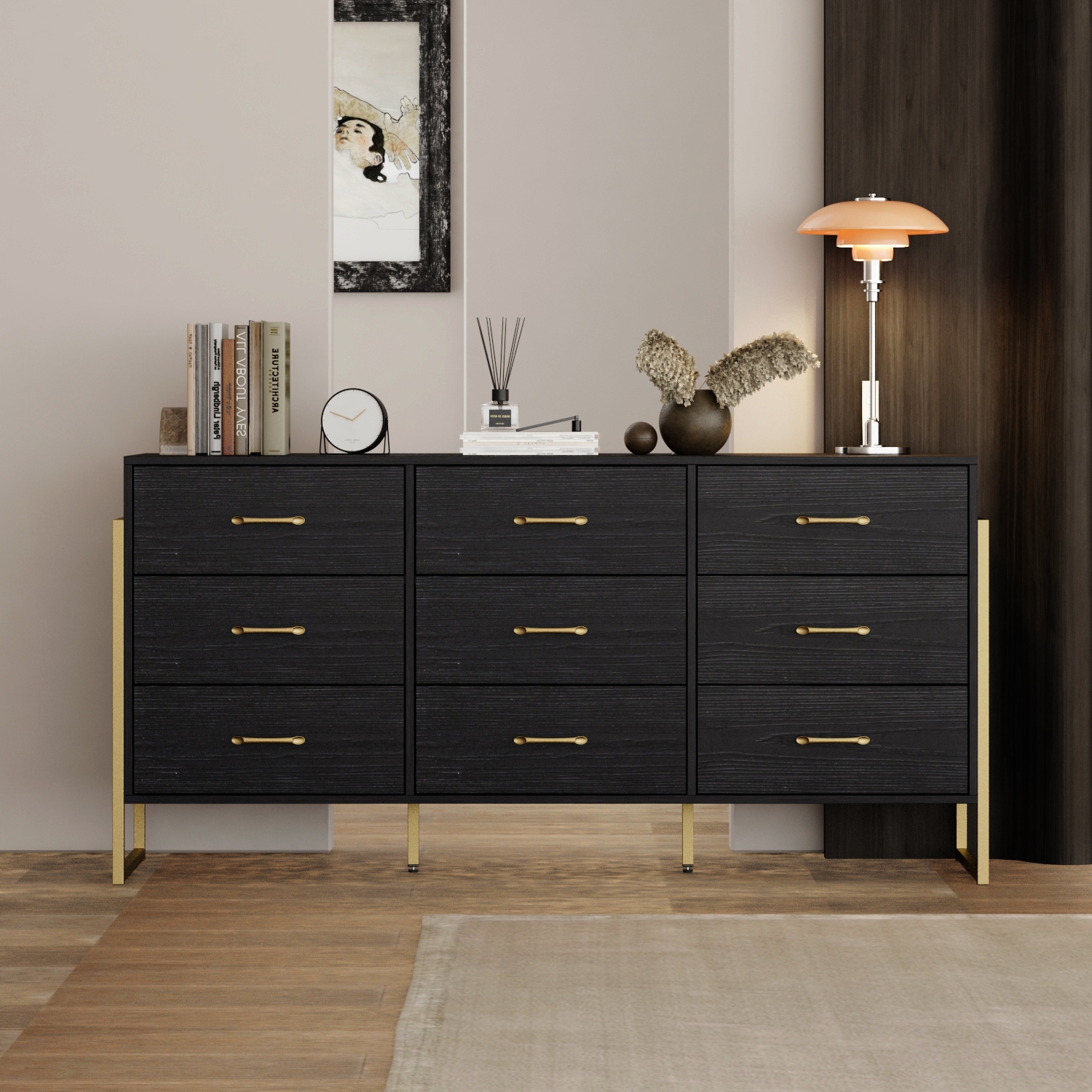 Homsee Modern Dresser with 9 Spacious Drawers, Stylish Freestanding Storage Cabinet with Gold Handles,Black