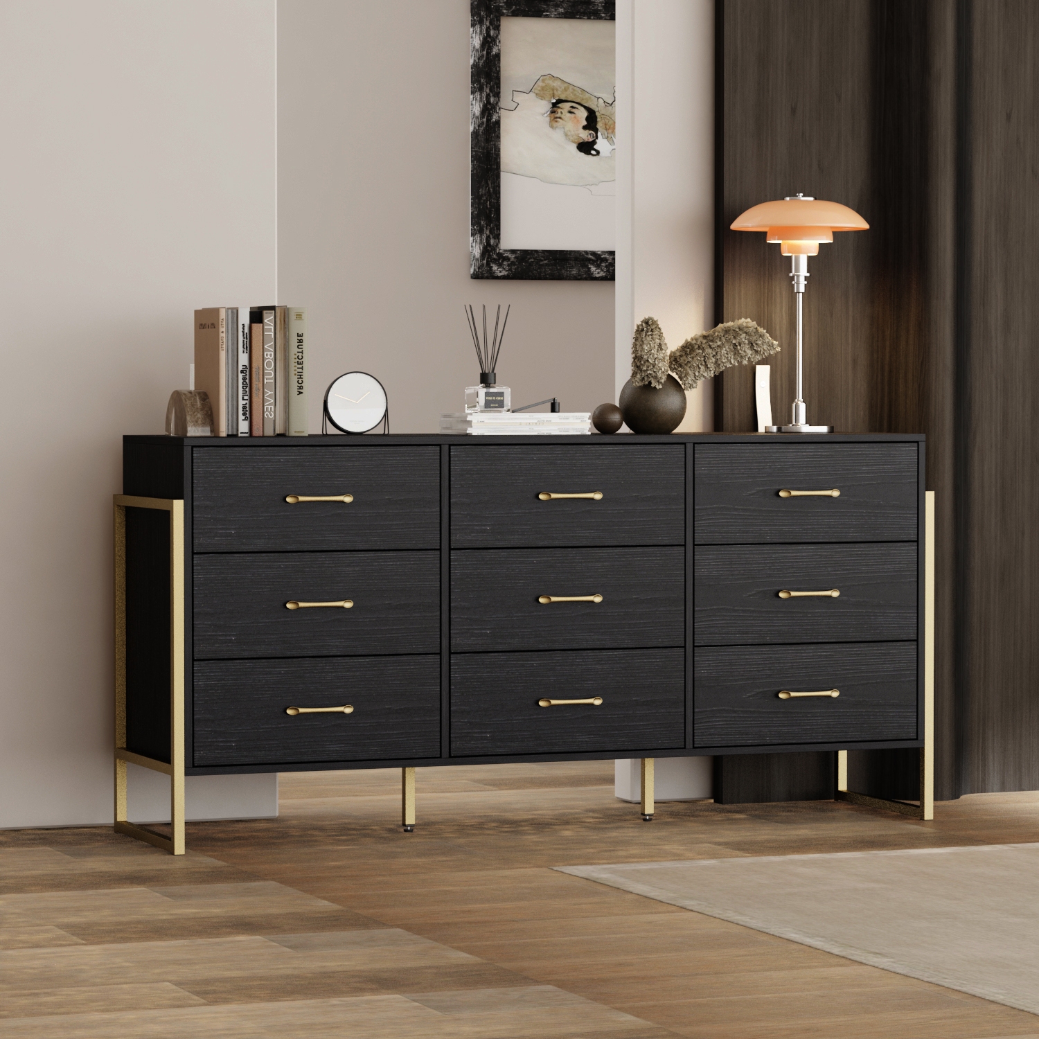 Homsee Modern Dresser with 9 Spacious Drawers, Stylish Freestanding Storage Cabinet with Gold Handles,Black