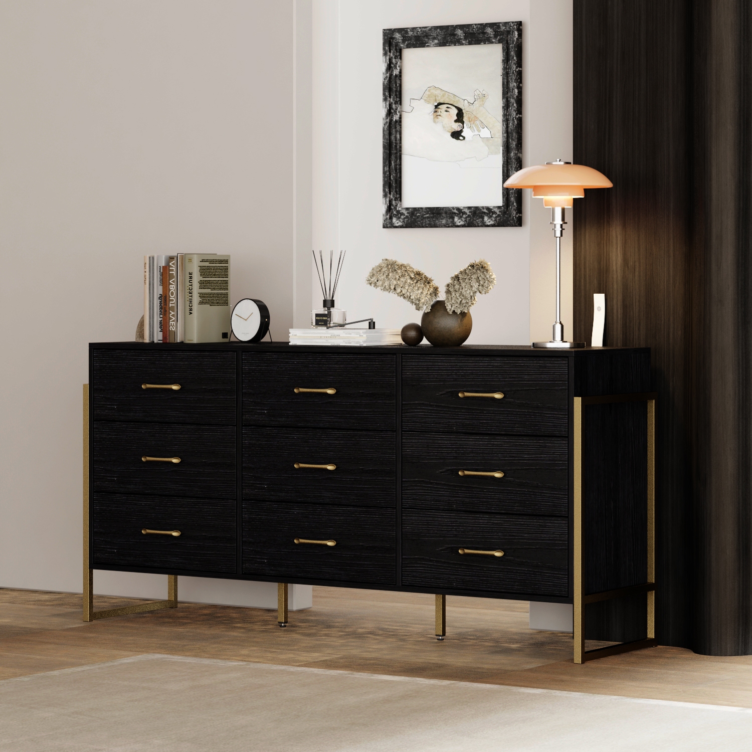 Homsee Modern Dresser with 9 Spacious Drawers, Stylish Freestanding Storage Cabinet with Gold Handles,Black