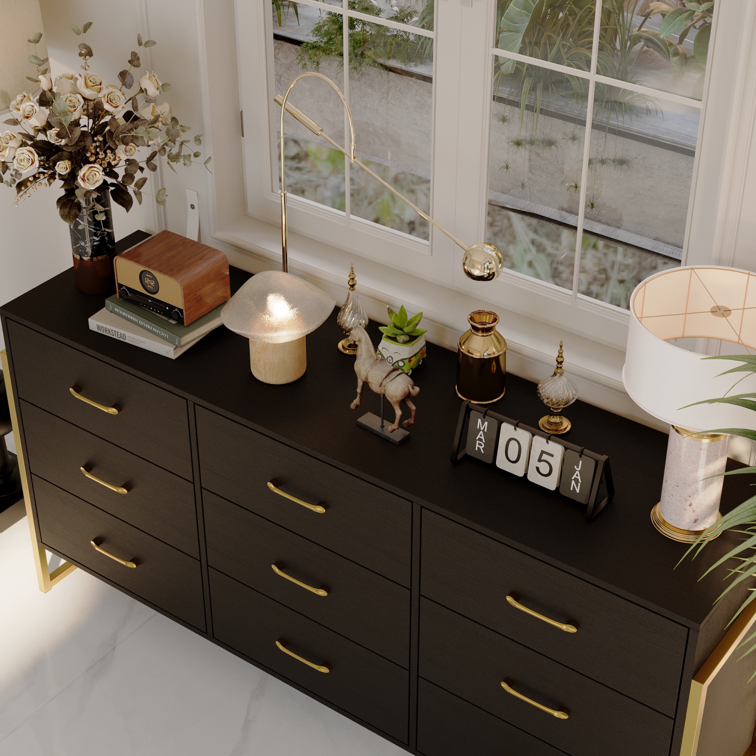 Homsee Modern Dresser with 9 Spacious Drawers, Stylish Freestanding Storage Cabinet with Gold Handles,Black