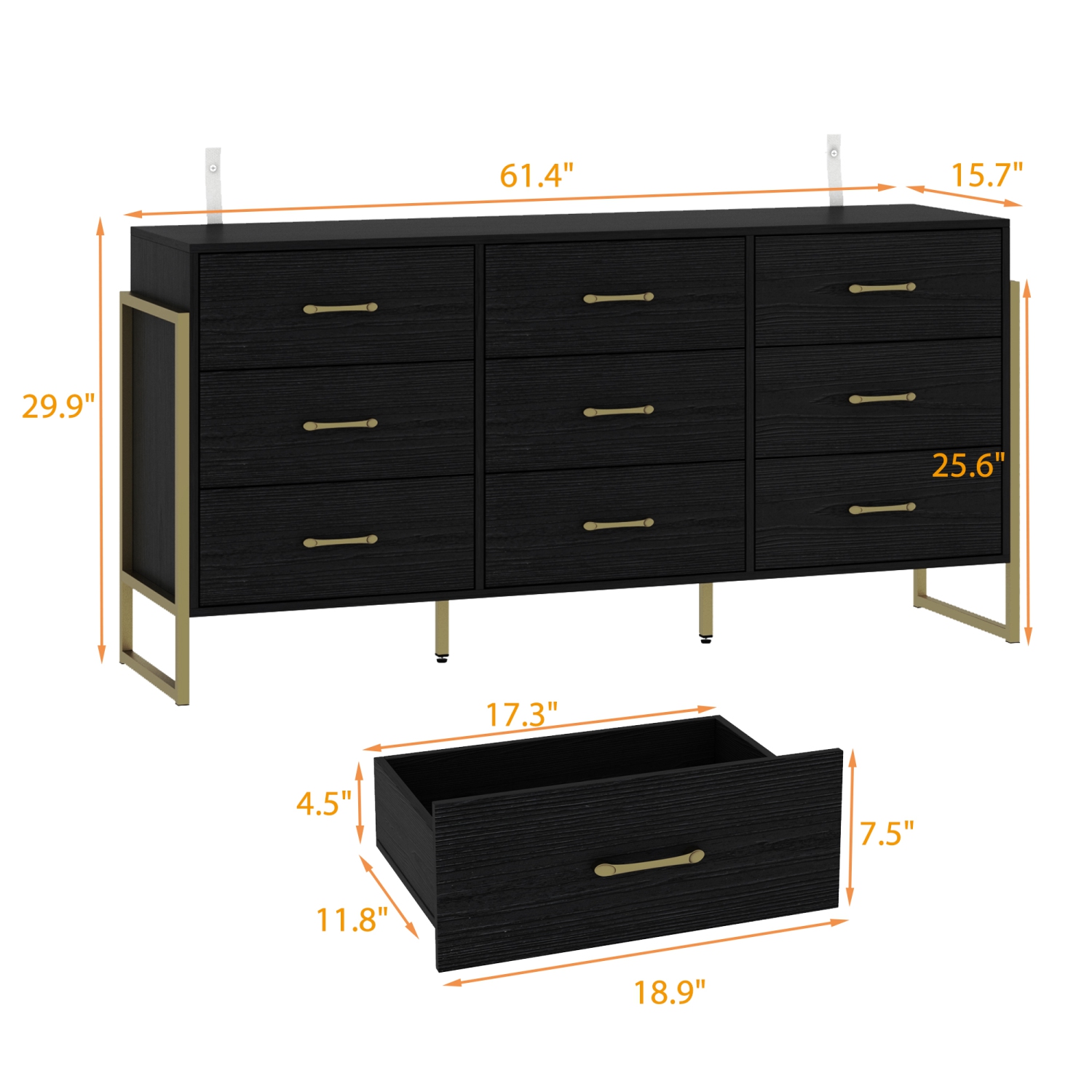 Homsee Modern Dresser with 9 Spacious Drawers, Stylish Freestanding Storage Cabinet with Gold Handles,Black