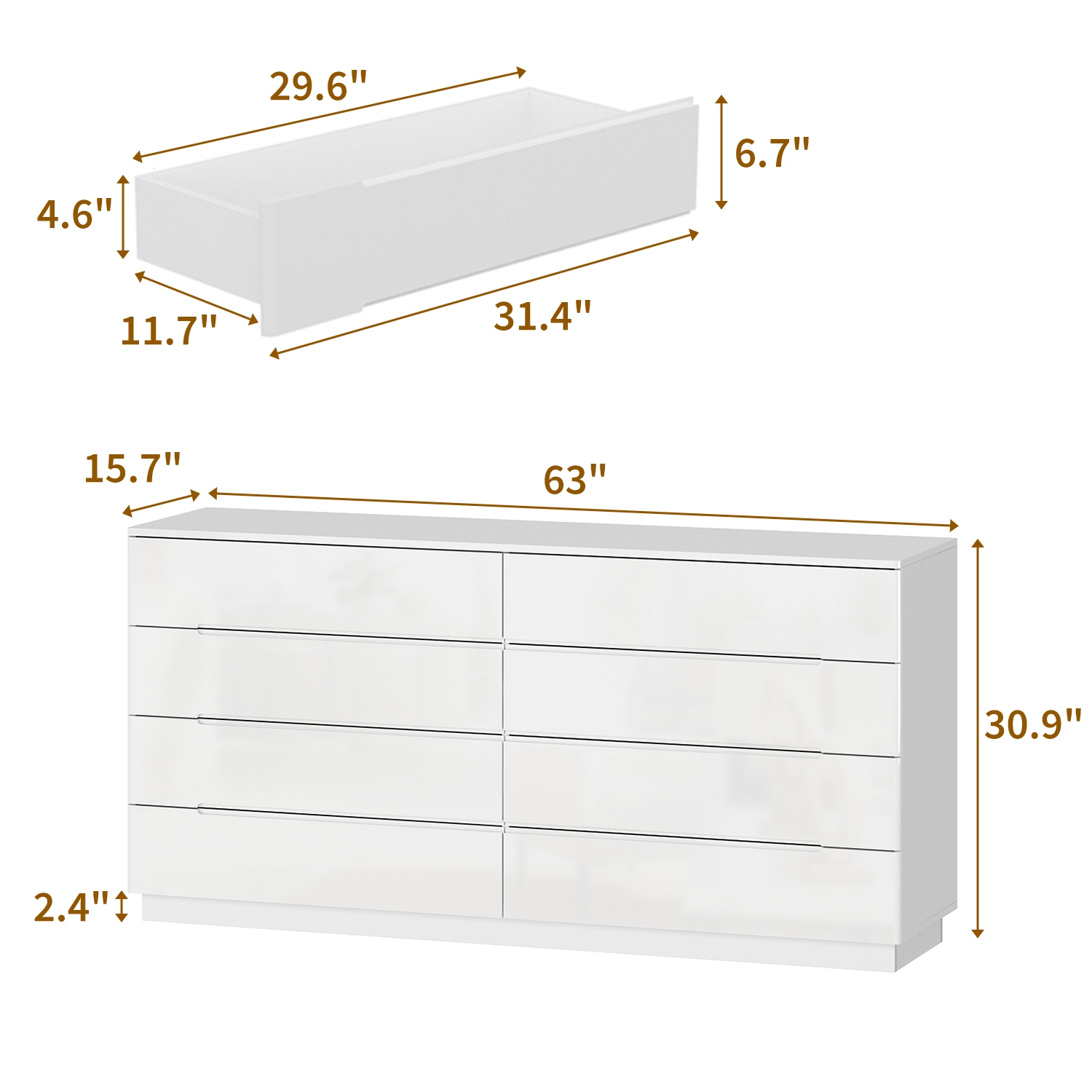 Homsee High Gloss White Wood 8-Drawer Chest of Drawers Storage Organizer With LED Lights,White