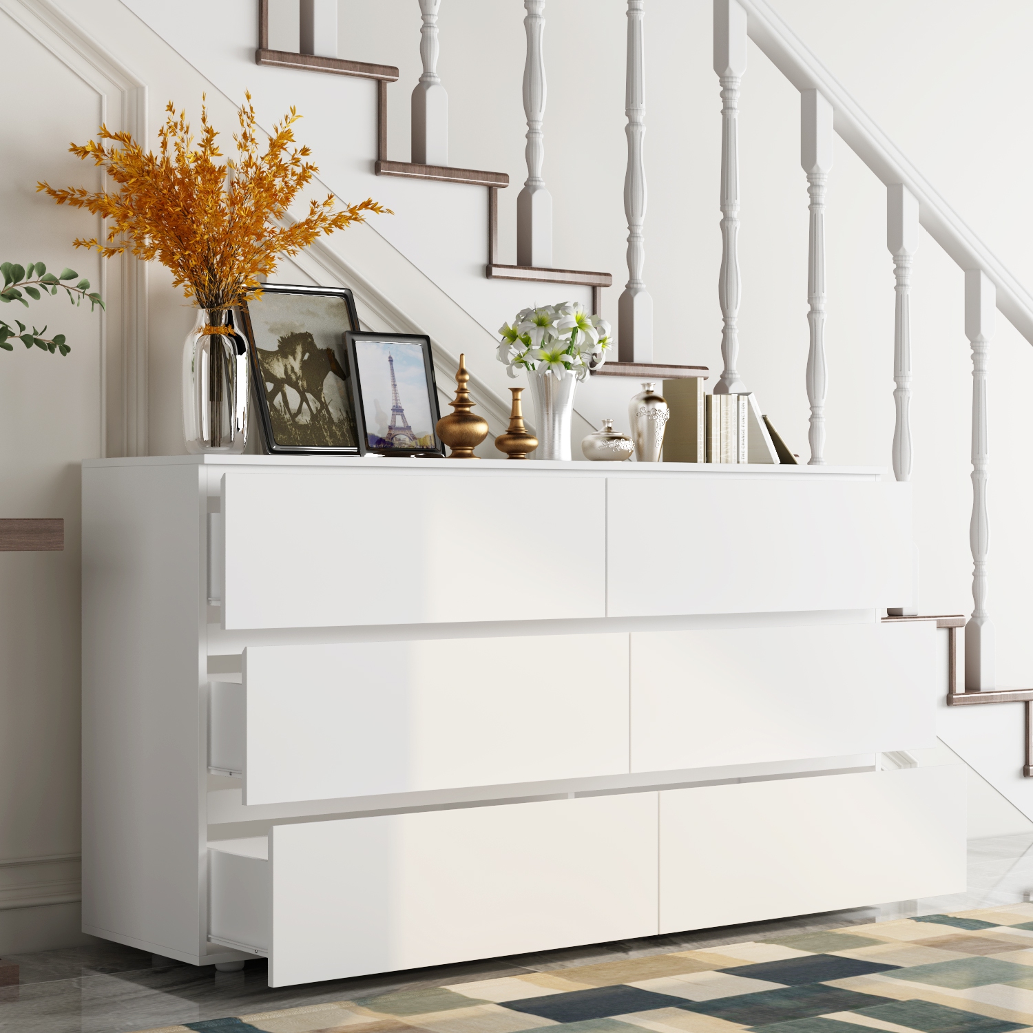 Homsee Elegant 6-Drawer Dresser with Quiet Metal Glide Rails and Spacious Storage Drawers,(59'' W x 32.3'' H x 15.7'' D),White