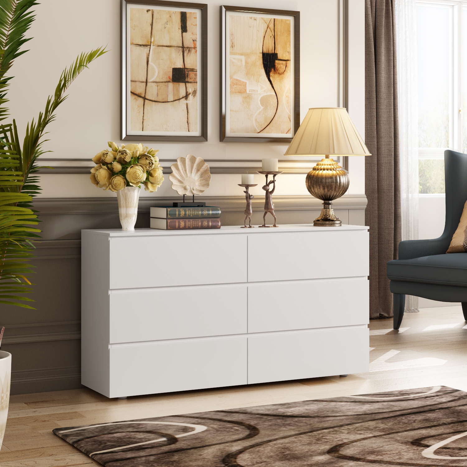 Homsee Elegant 6-Drawer Dresser with Quiet Metal Glide Rails and Spacious Storage Drawers,(59'' W x 32.3'' H x 15.7'' D),White