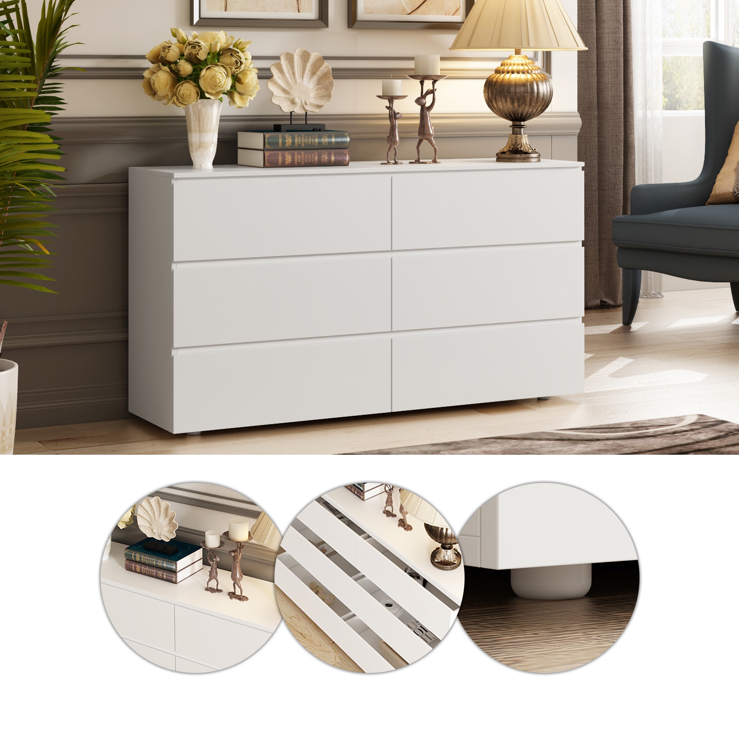 Homsee Elegant 6-Drawer Dresser with Quiet Metal Glide Rails and Spacious Storage Drawers,(59'' W x 32.3'' H x 15.7'' D),White