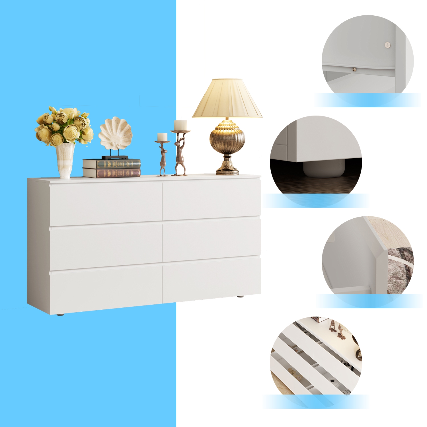 Homsee Elegant 6-Drawer Dresser with Quiet Metal Glide Rails and Spacious Storage Drawers,(59'' W x 32.3'' H x 15.7'' D),White