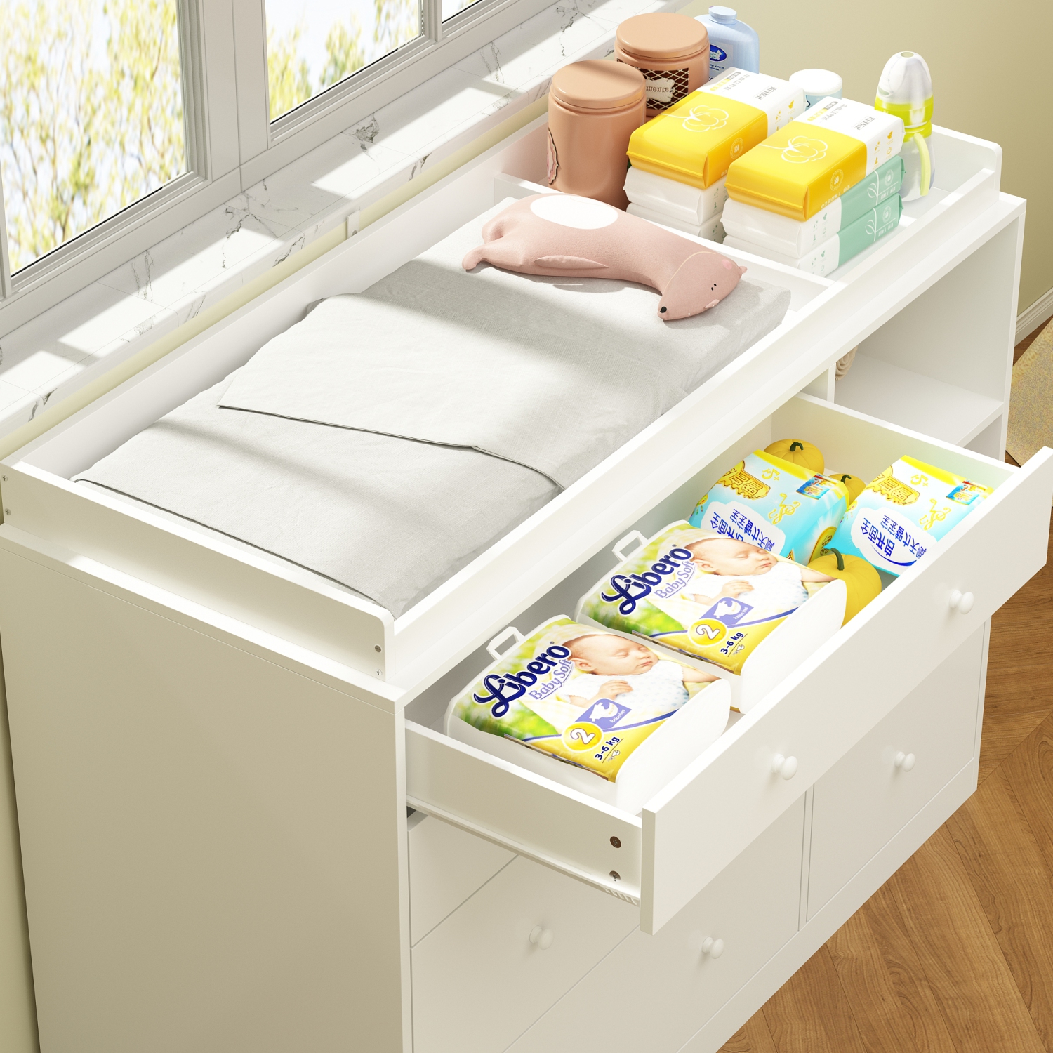 Homsee Wood Dresser with 5 Drawers, Vanity Table, and Storage Cabinet with Shelf,, White