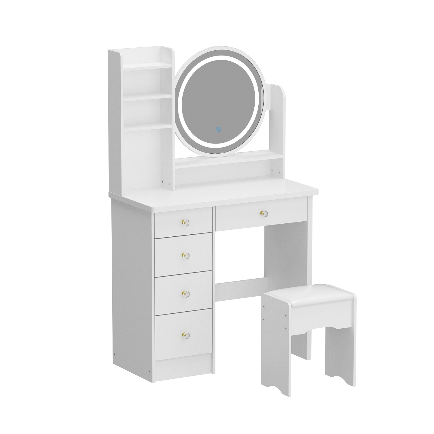 Homsee 5-Drawers White Wood Makeup Vanity Set Dressing Desk W/ Stool, LED Round Mirror and Storage Shelves 53.1x 31.5x 15.7 in.