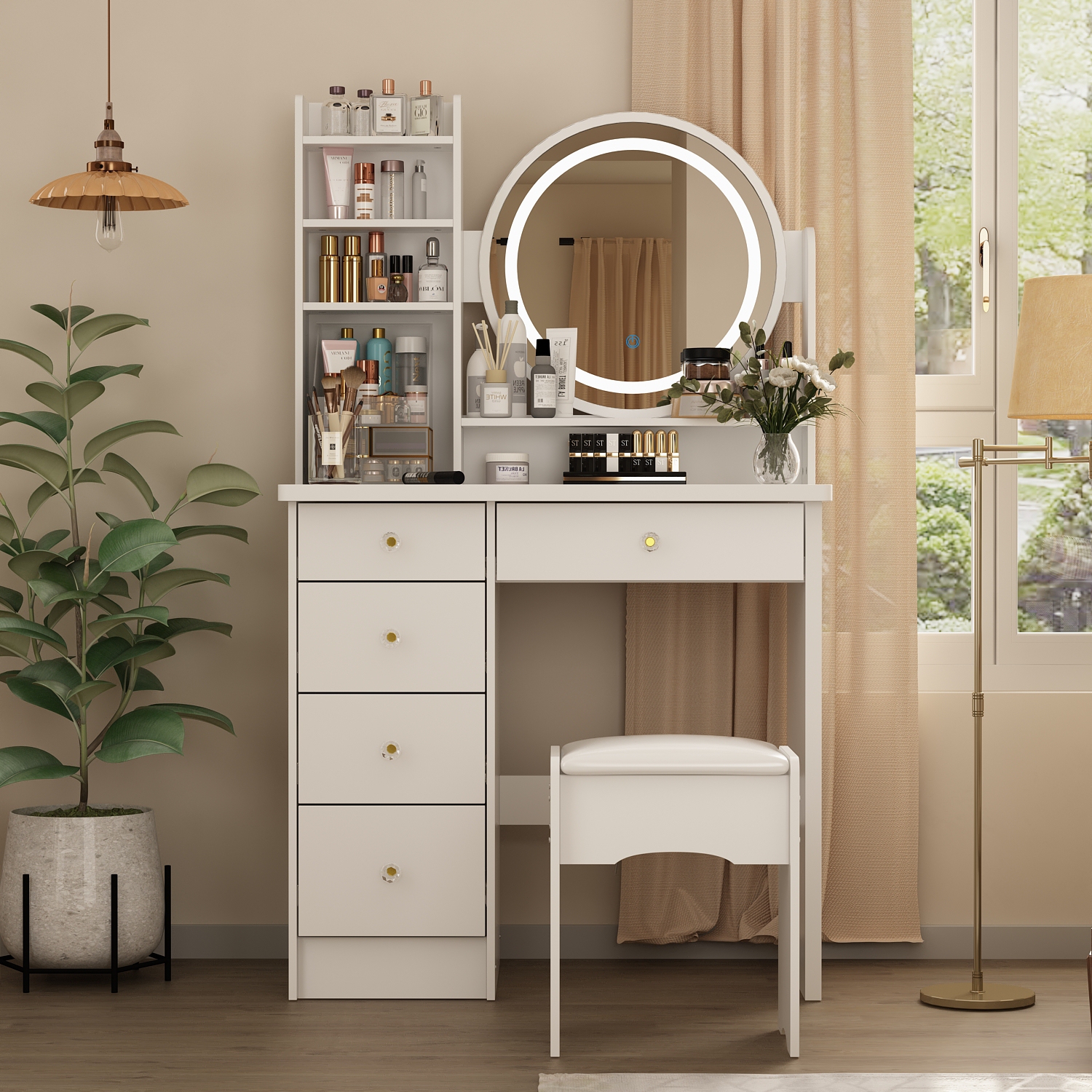 Homsee 5-Drawers White Wood Makeup Vanity Set Dressing Desk W/ Stool, LED Round Mirror and Storage Shelves 53.1x 31.5x 15.7 in.