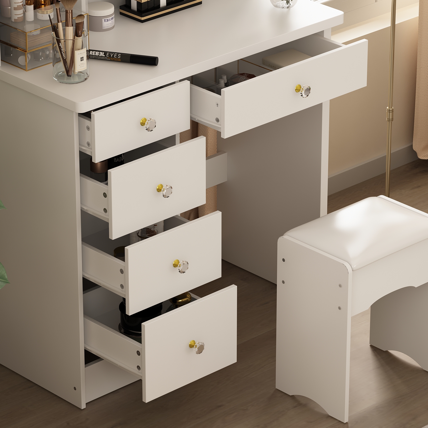 Homsee 5-Drawers White Wood Makeup Vanity Set Dressing Desk W/ Stool, LED Round Mirror and Storage Shelves 53.1x 31.5x 15.7 in.