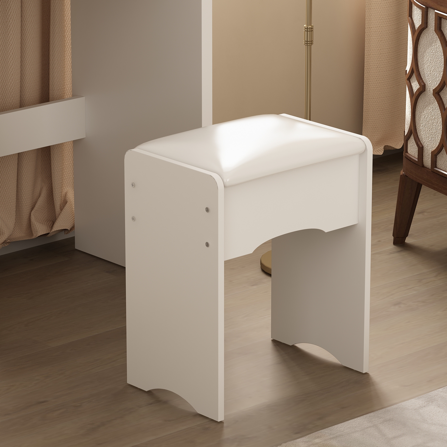 Homsee 5-Drawers White Wood Makeup Vanity Set Dressing Desk W/ Stool, LED Round Mirror and Storage Shelves 53.1x 31.5x 15.7 in.