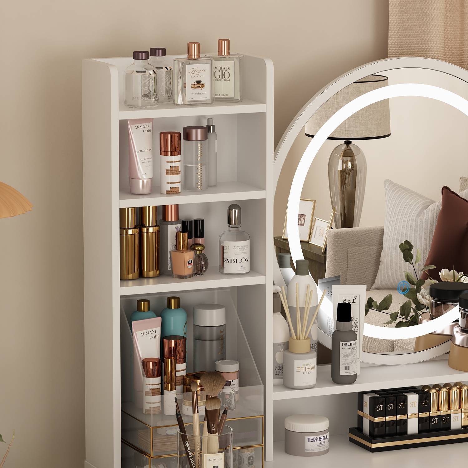 Homsee 5-Drawers White Wood Makeup Vanity Set Dressing Desk W/ Stool, LED Round Mirror and Storage Shelves 53.1x 31.5x 15.7 in.