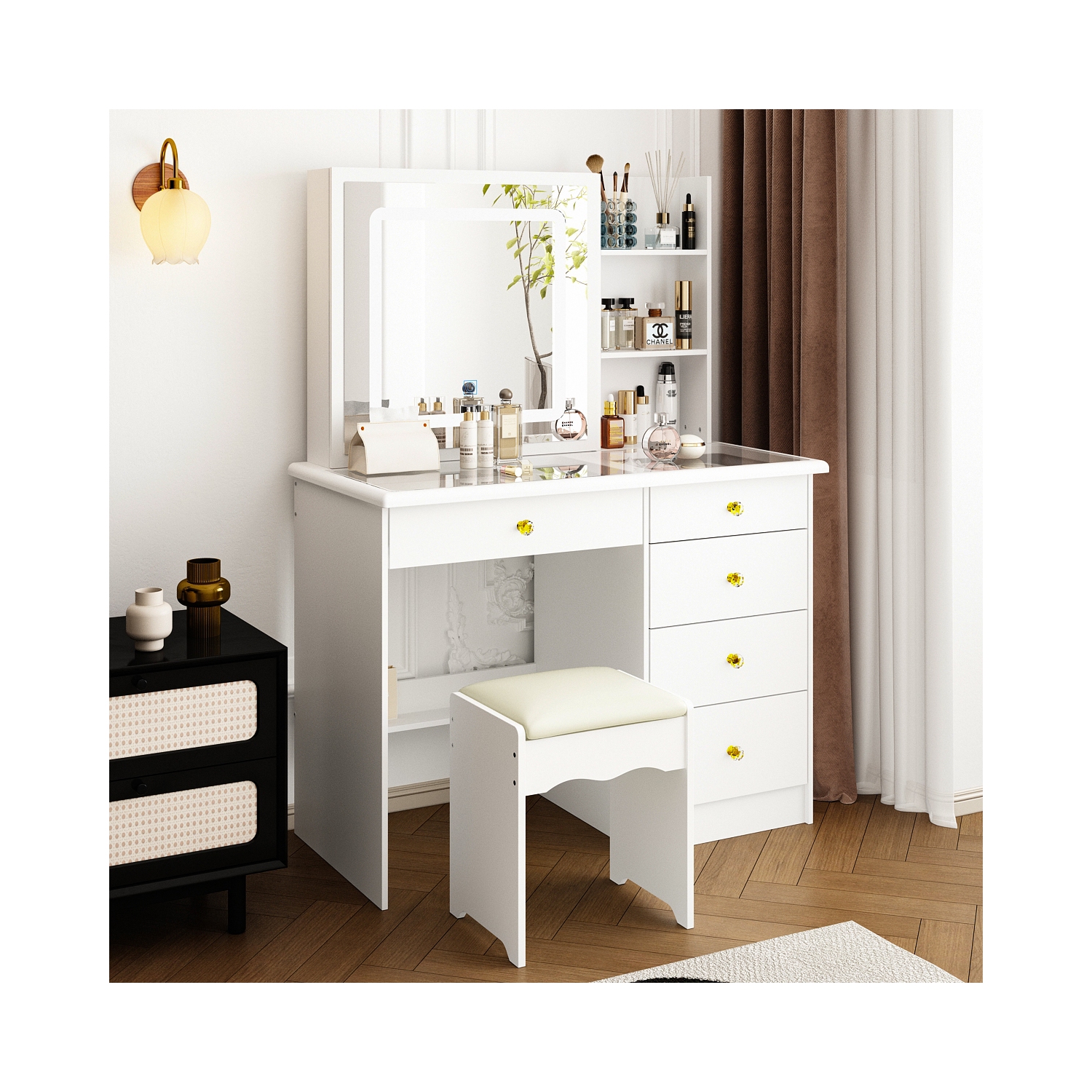 Homsee – Coiffeuse blanche à dessus en verre, miroir LED coulissant, tiroirs, tablettes de rangement et tabouret, blanc