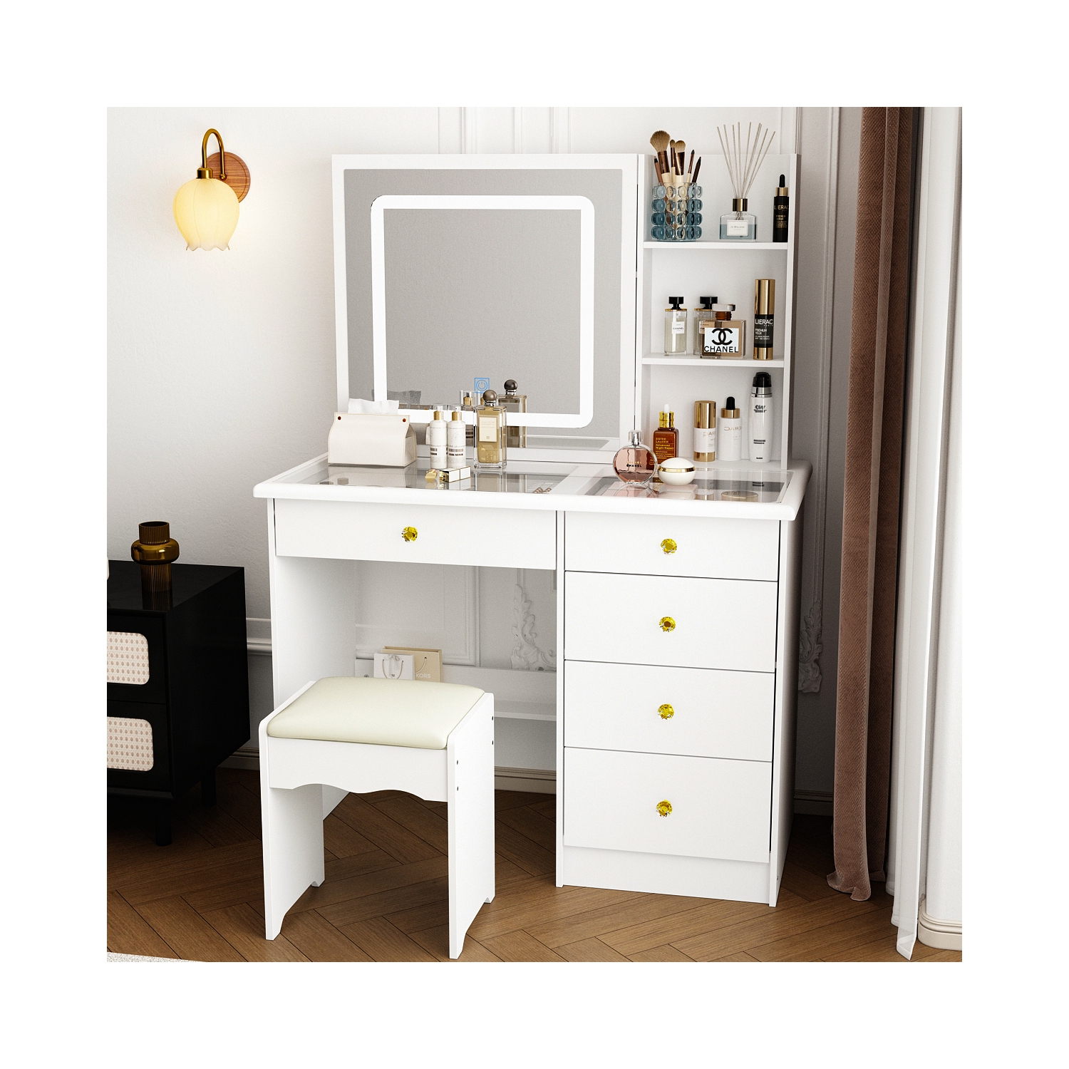 Homsee – Coiffeuse blanche à dessus en verre, miroir LED coulissant, tiroirs, tablettes de rangement et tabouret, blanc