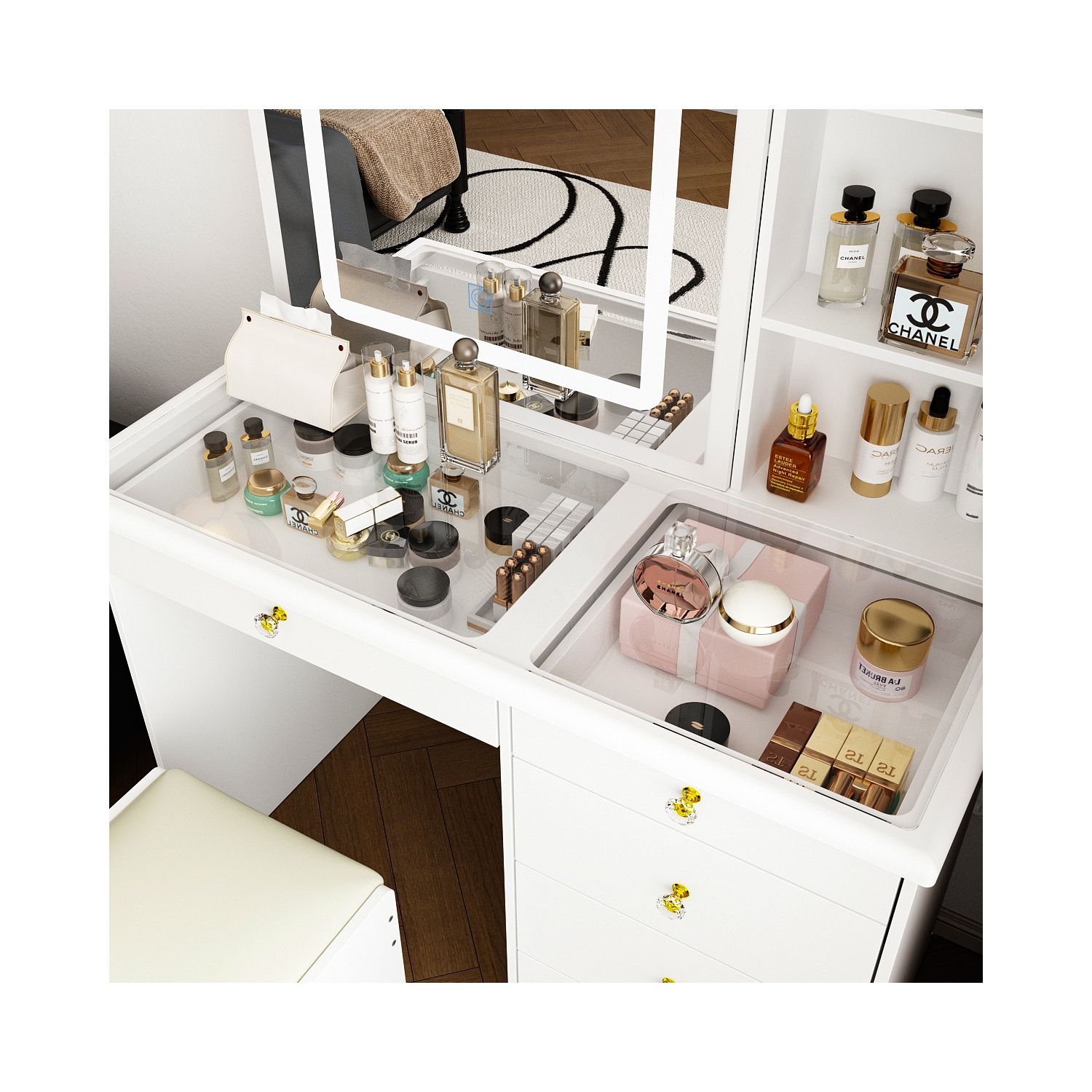 Homsee – Coiffeuse blanche à dessus en verre, miroir LED coulissant, tiroirs, tablettes de rangement et tabouret, blanc