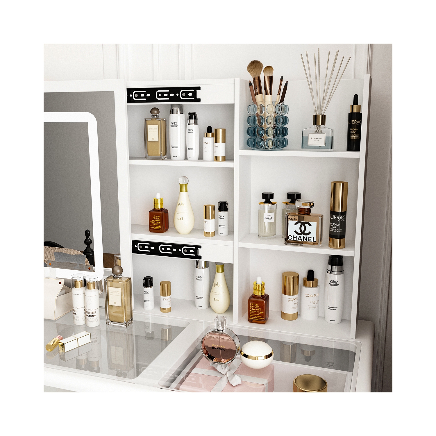 Homsee – Coiffeuse blanche à dessus en verre, miroir LED coulissant, tiroirs, tablettes de rangement et tabouret, blanc