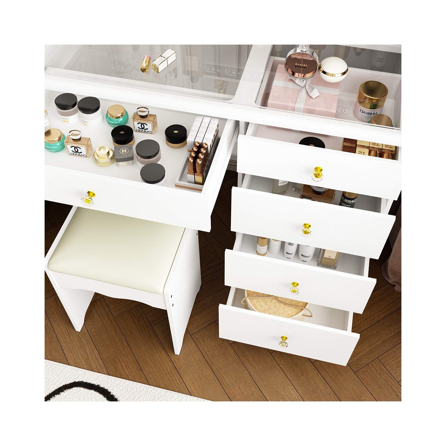 Homsee – Coiffeuse blanche à dessus en verre, miroir LED coulissant, tiroirs, tablettes de rangement et tabouret, blanc