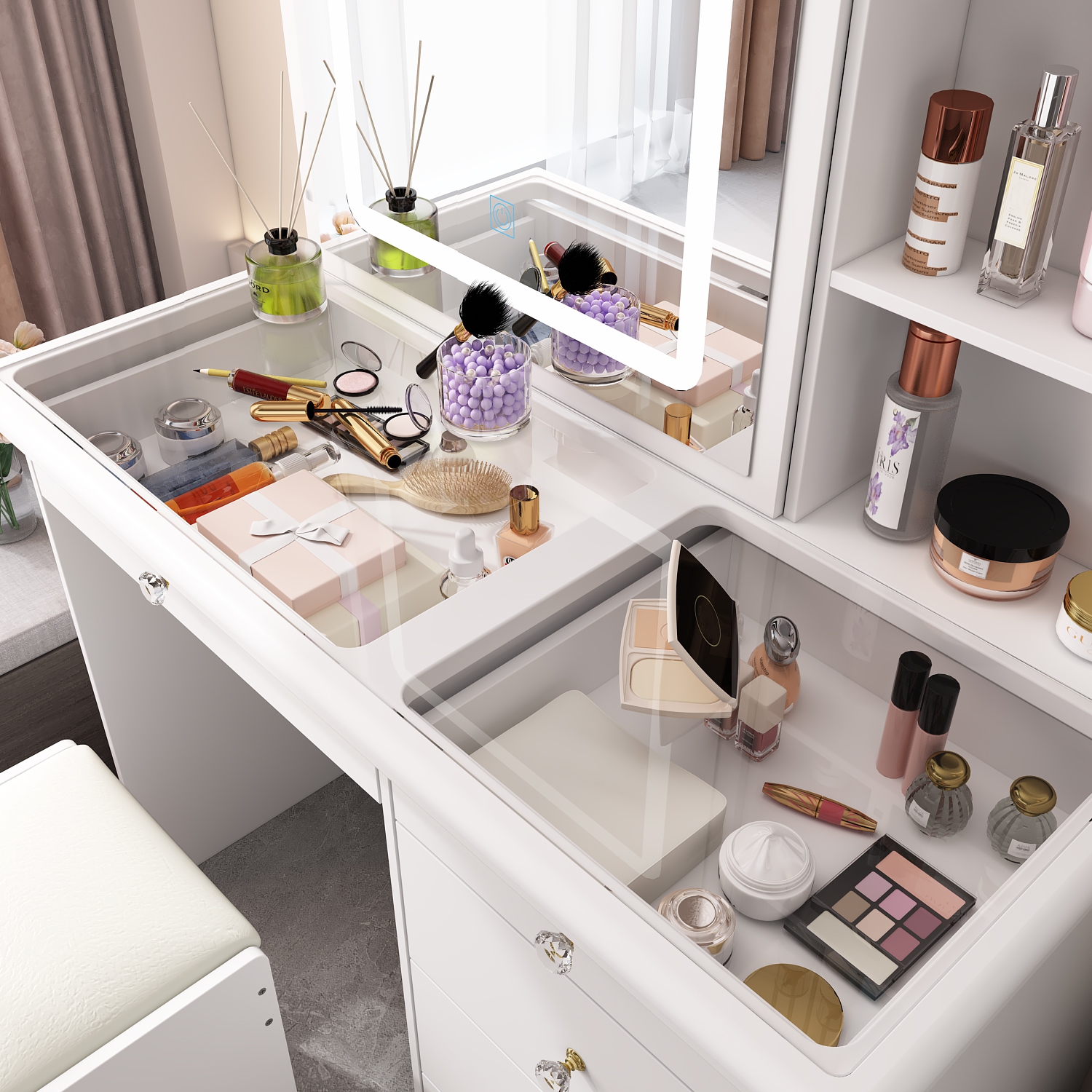 Homsee – Coiffeuse blanche à dessus en verre, miroir LED coulissant, tiroirs, tablettes de rangement et tabouret, blanc
