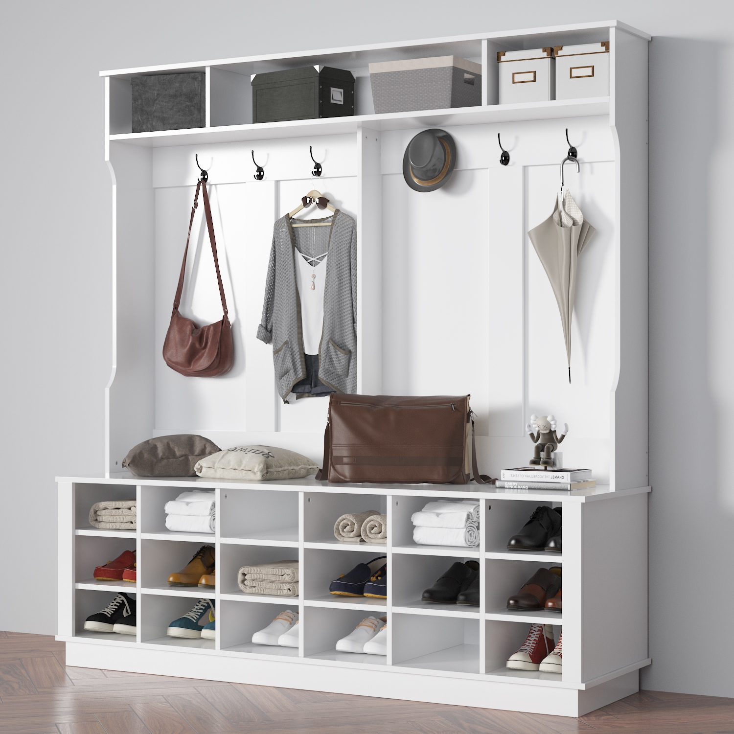 Homsee Large Entryway Hall Tree with Coat Hooks, Shoe Storage Cubbies, and Top Shelves for Mudroom and Foyer Organization, White