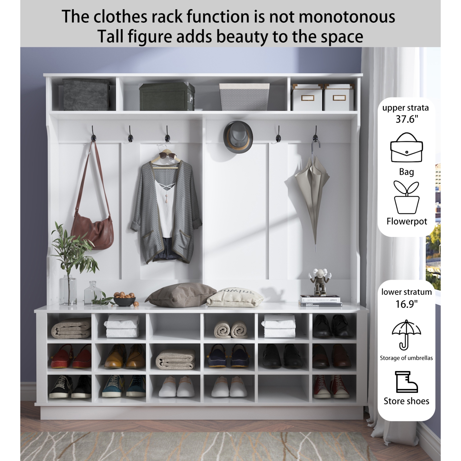 Homsee Large Entryway Hall Tree with Coat Hooks, Shoe Storage Cubbies, and Top Shelves for Mudroom and Foyer Organization, White