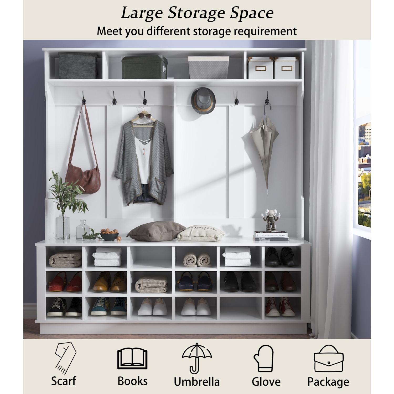 Homsee Large Entryway Hall Tree with Coat Hooks, Shoe Storage Cubbies, and Top Shelves for Mudroom and Foyer Organization, White