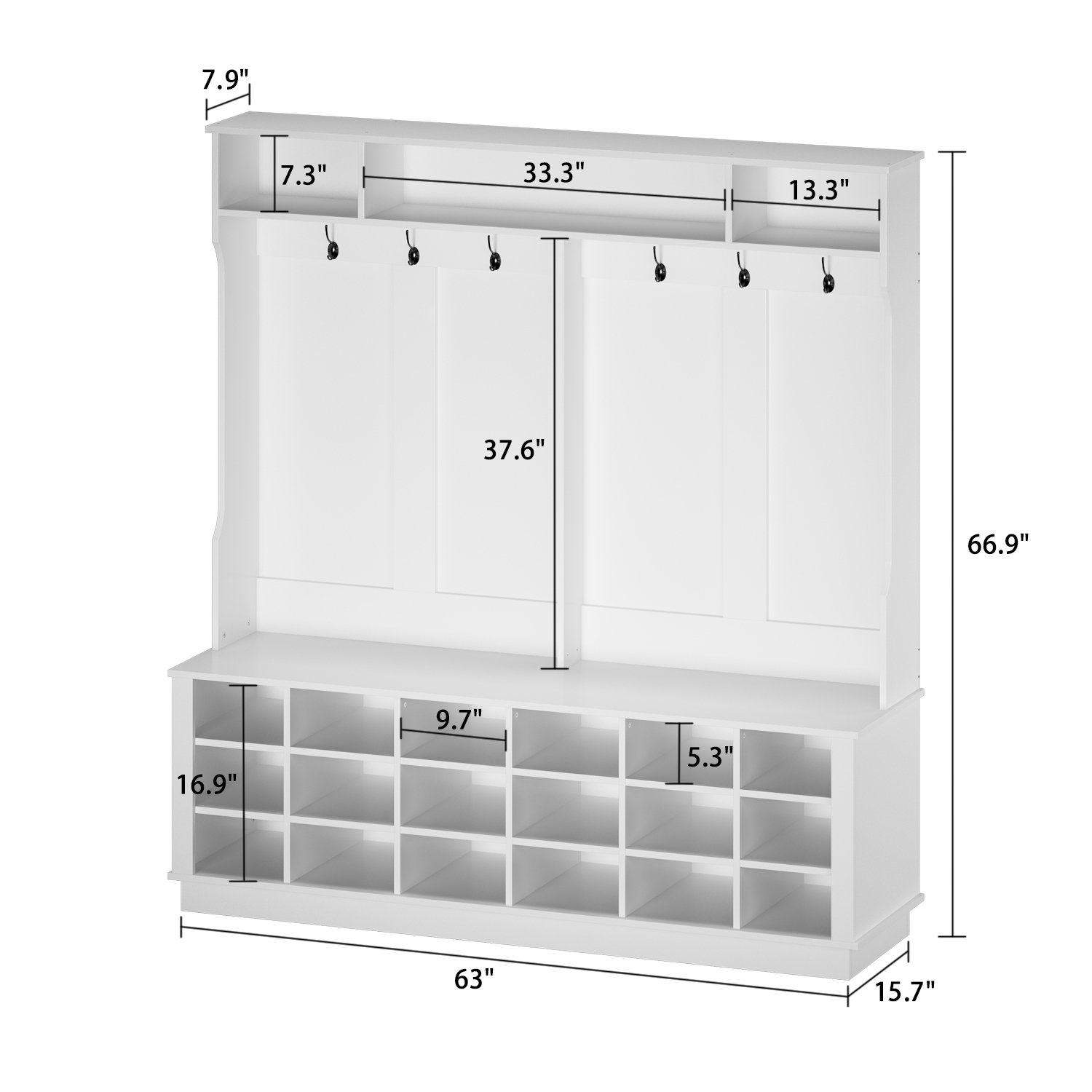 Homsee Large Entryway Hall Tree with Coat Hooks, Shoe Storage Cubbies, and Top Shelves for Mudroom and Foyer Organization, White