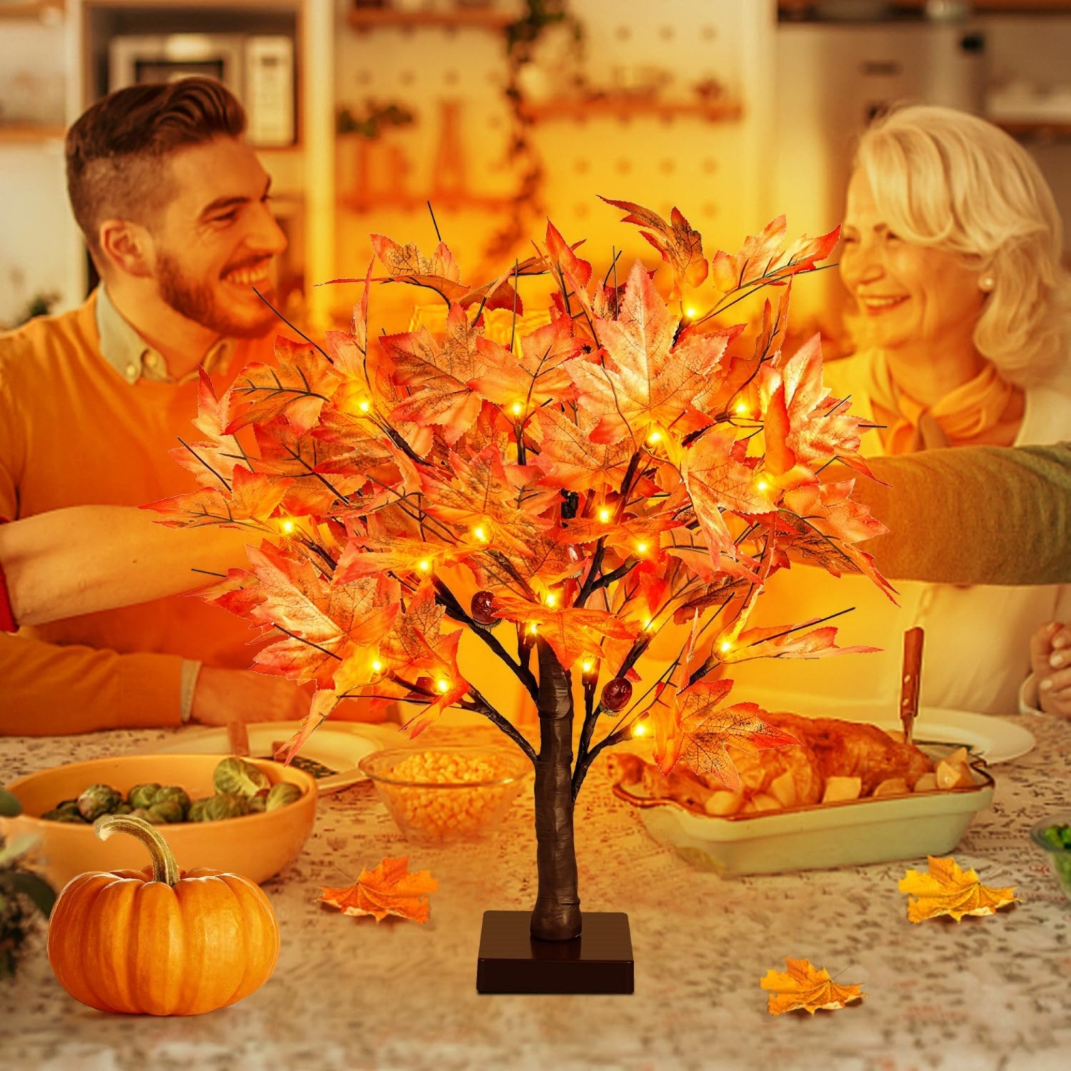 1.5ft Lighted Maple Tree, Artificial Fall Tree Light, Timer 36 LED Light, 72 Leaves, 6 Acorns Autumn Tabletop Tree Battery Operated for Indoor Fall