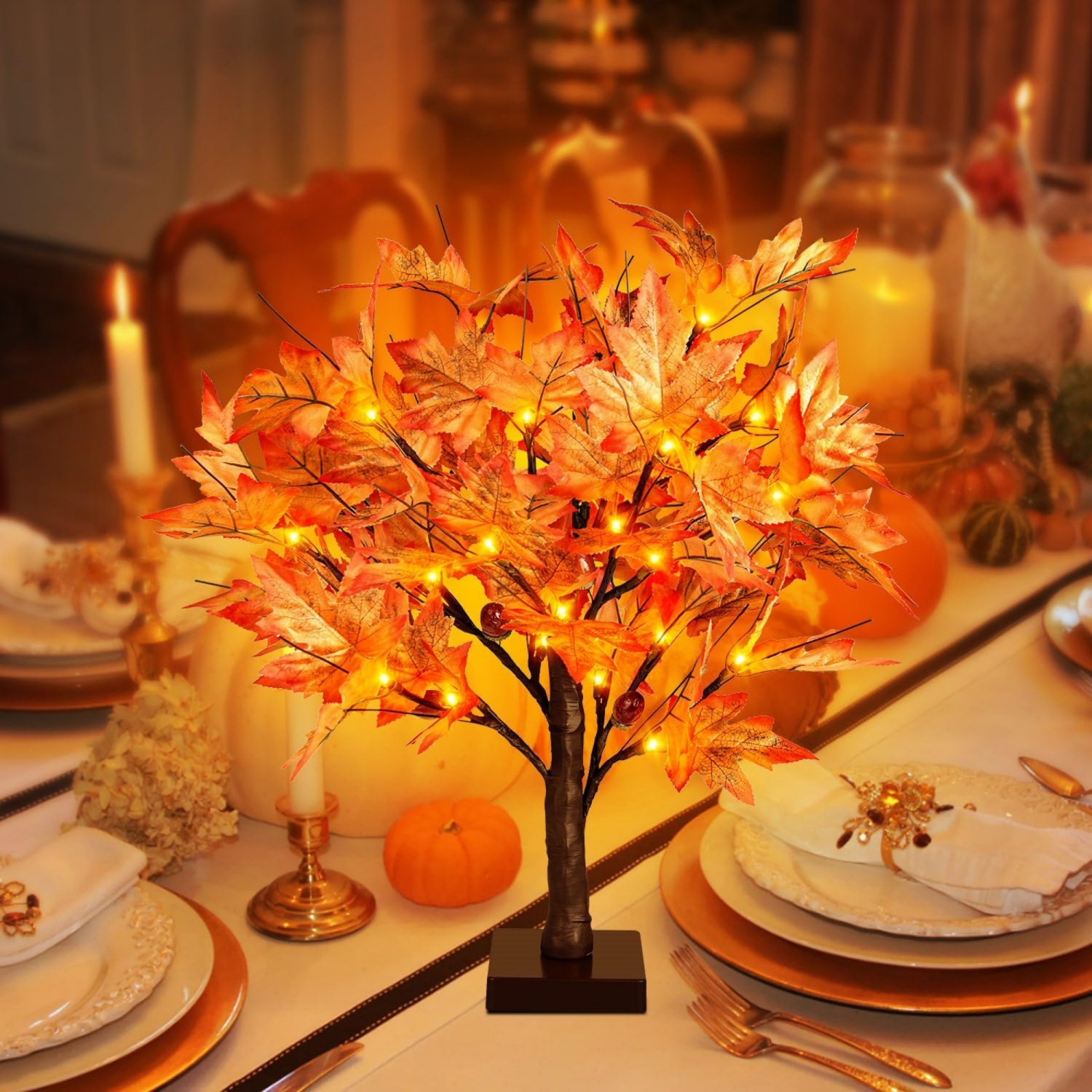 1.5ft Lighted Maple Tree, Artificial Fall Tree Light, Timer 36 LED Light, 72 Leaves, 6 Acorns Autumn Tabletop Tree Battery Operated for Indoor Fall