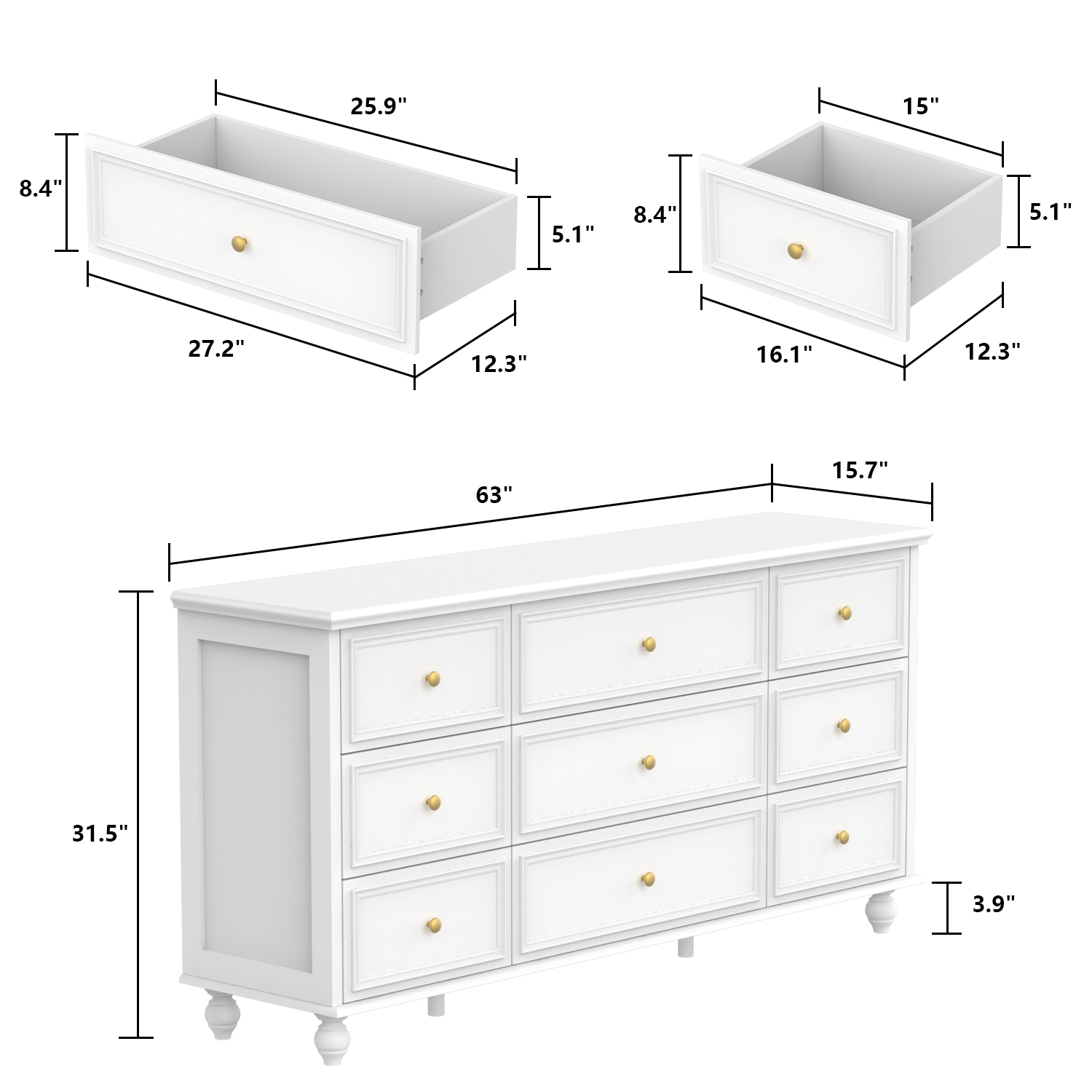 Homsee 9-Drawer Wooden Chest of Drawers, Modern European Style,White
