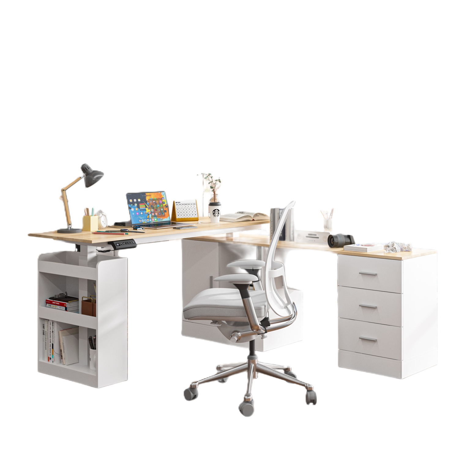 Bureau assis/debout ergonomique réglable avec contrôleur de mémoire préréglé de Homsee – Hauteur réglable, fini blanc