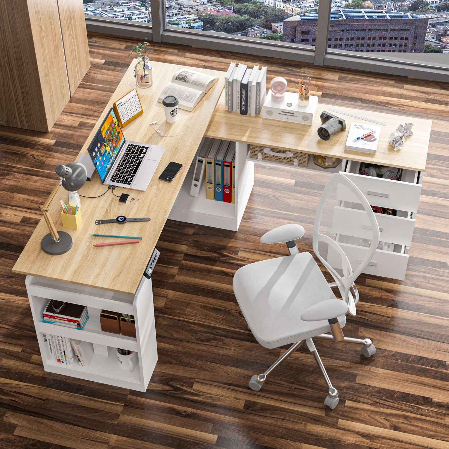 Bureau assis/debout ergonomique réglable avec contrôleur de mémoire préréglé de Homsee – Hauteur réglable, fini blanc