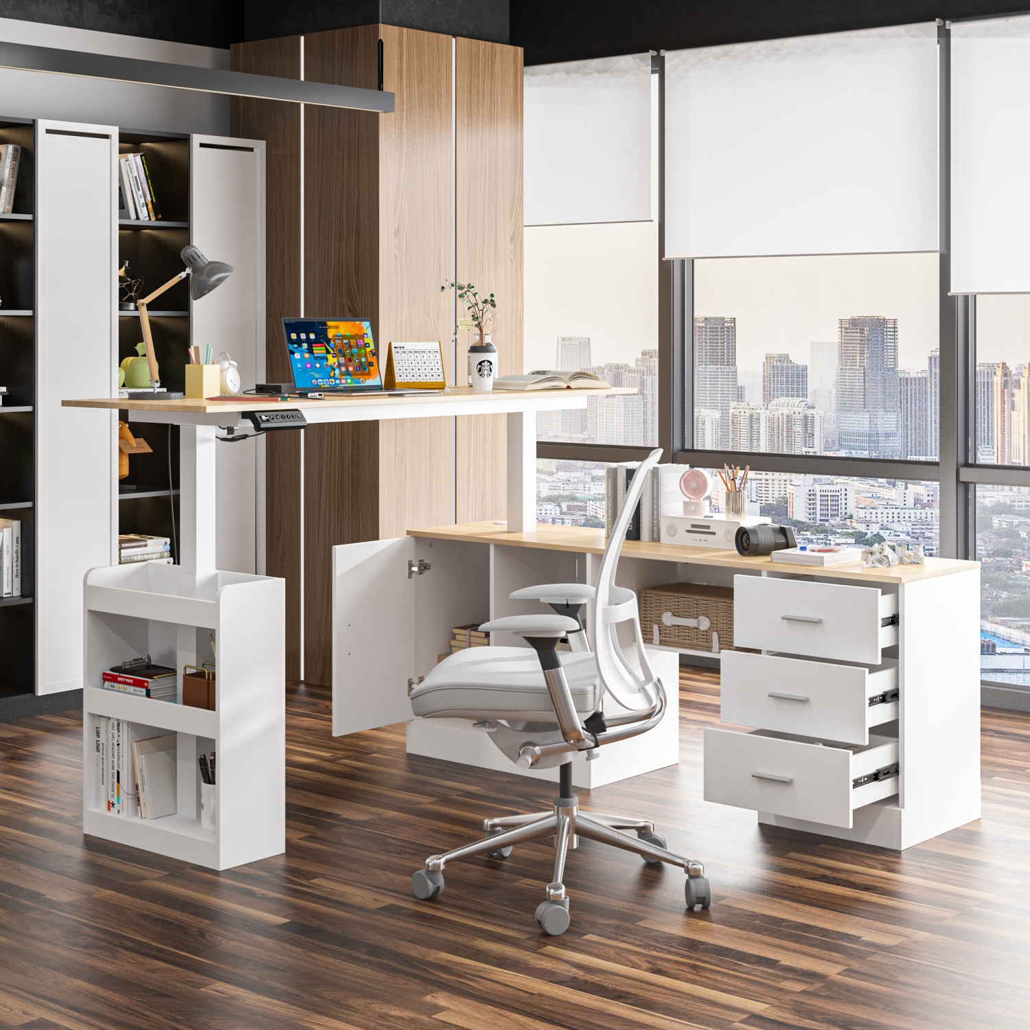 Bureau assis/debout ergonomique réglable avec contrôleur de mémoire préréglé de Homsee – Hauteur réglable, fini blanc