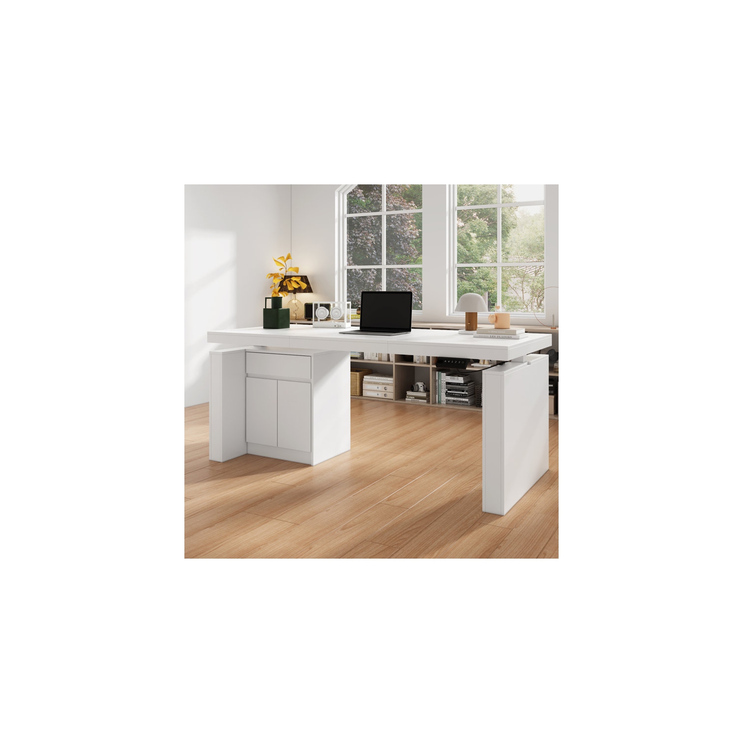 Lorentz 63'' W Height Adjustable L-Shaped Standing Desk with and Cabinet