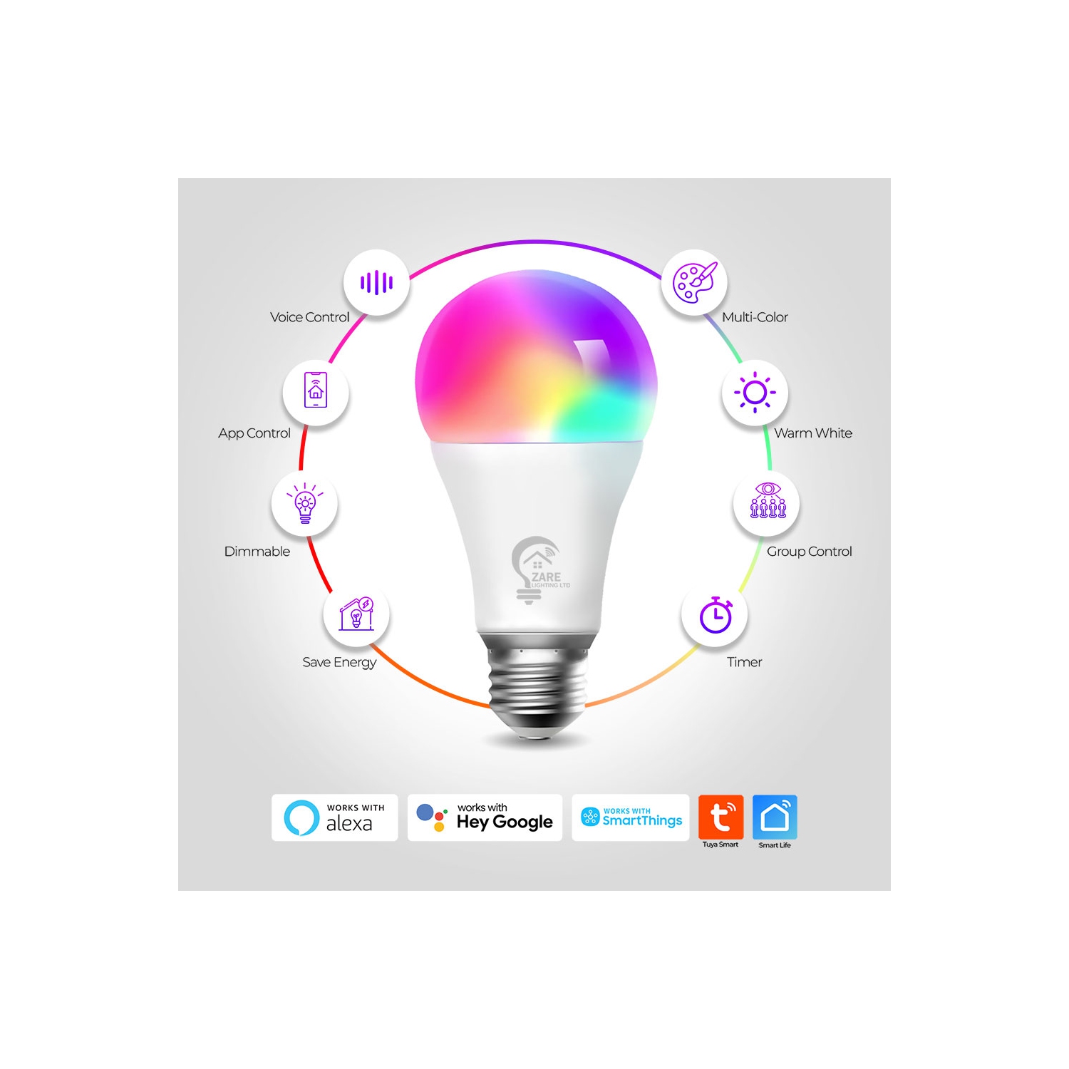 Zare Smart Light Bulbs, Compatible with Alexa and Google Assistant, Dimmable Color Changing RGB Smart Bulbs, 9W 806 Lumens, 2.4Ghz Bluetooth Wi-Fi,