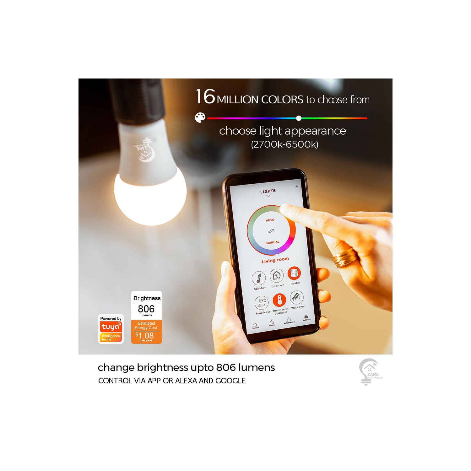 Zare Smart Light Bulbs, Compatible with Alexa and Google Assistant, Dimmable Color Changing RGB Smart Bulbs, 9W 806 Lumens, 2.4Ghz Bluetooth Wi-Fi,