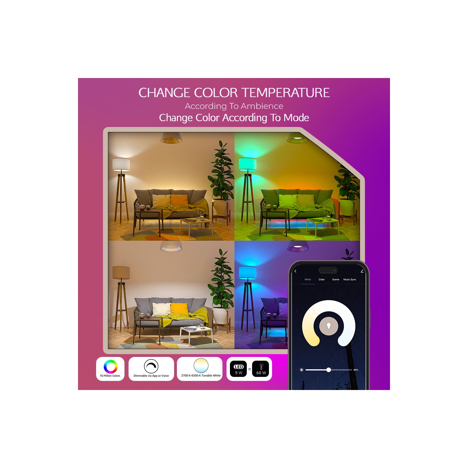 Zare Smart Light Bulbs, Compatible with Alexa and Google Assistant, Dimmable Color Changing RGB Smart Bulbs, 9W 806 Lumens, 2.4Ghz Bluetooth Wi-Fi,