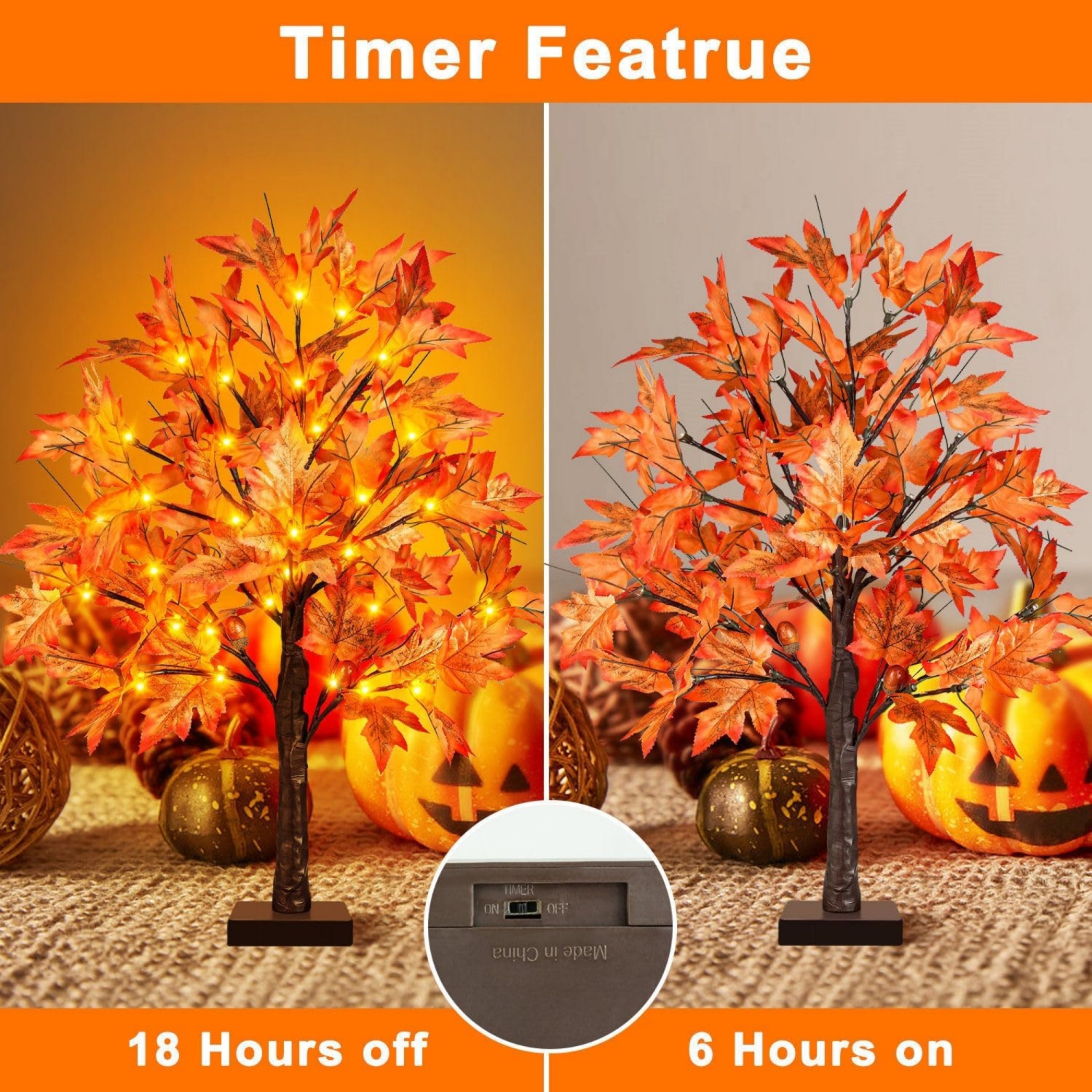 2FT Fall Lighted Maple Tree, Tabletop Artificial Tree with 36 LED Lights, 72 Leaves, 6 Acorn, Timing Battery Operated with Burlap Base for Indoor