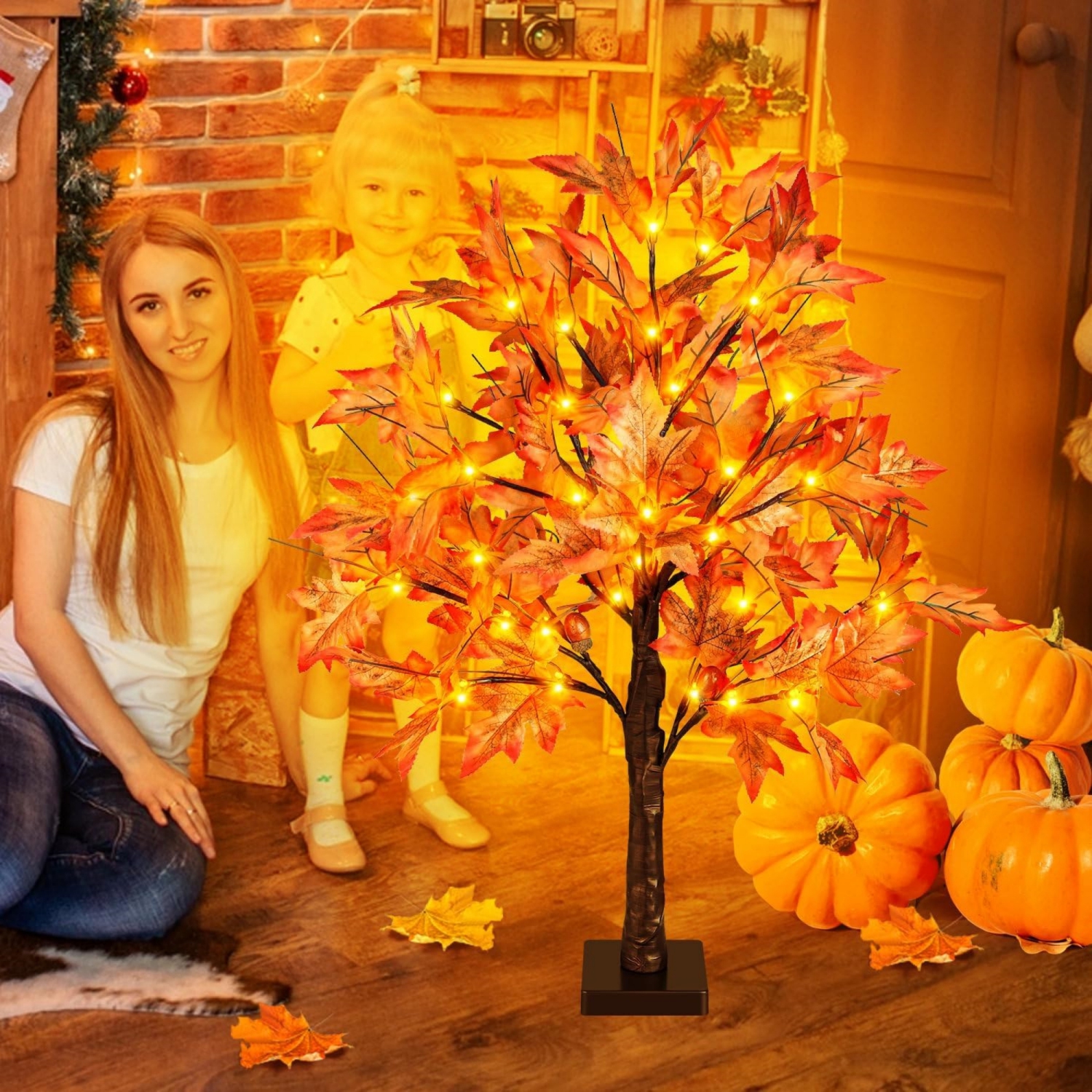 2FT Fall Lighted Maple Tree, Tabletop Artificial Tree with 36 LED Lights, 72 Leaves, 6 Acorn, Timing Battery Operated with Burlap Base for Indoor