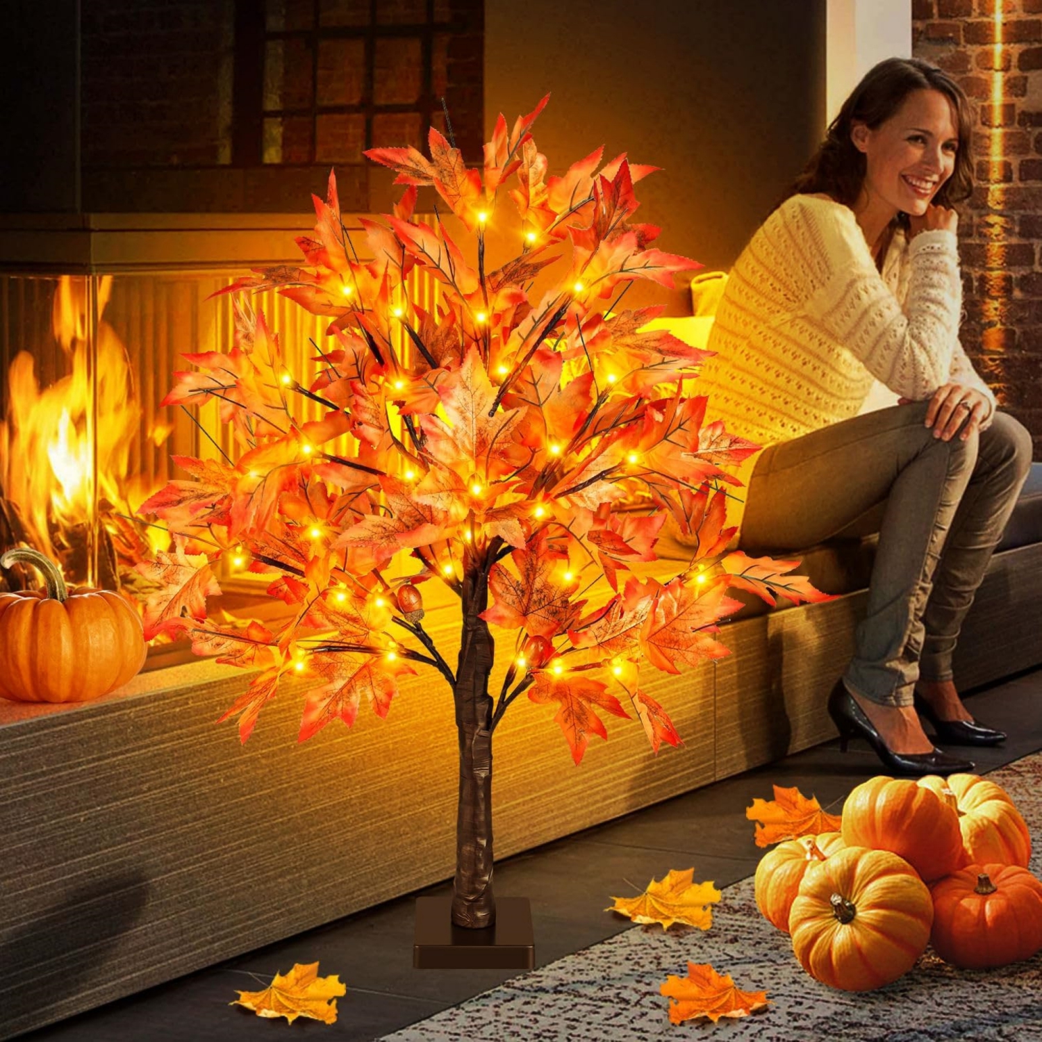 2FT Fall Lighted Maple Tree, Tabletop Artificial Tree with 36 LED Lights, 72 Leaves, 6 Acorn, Timing Battery Operated with Burlap Base for Indoor