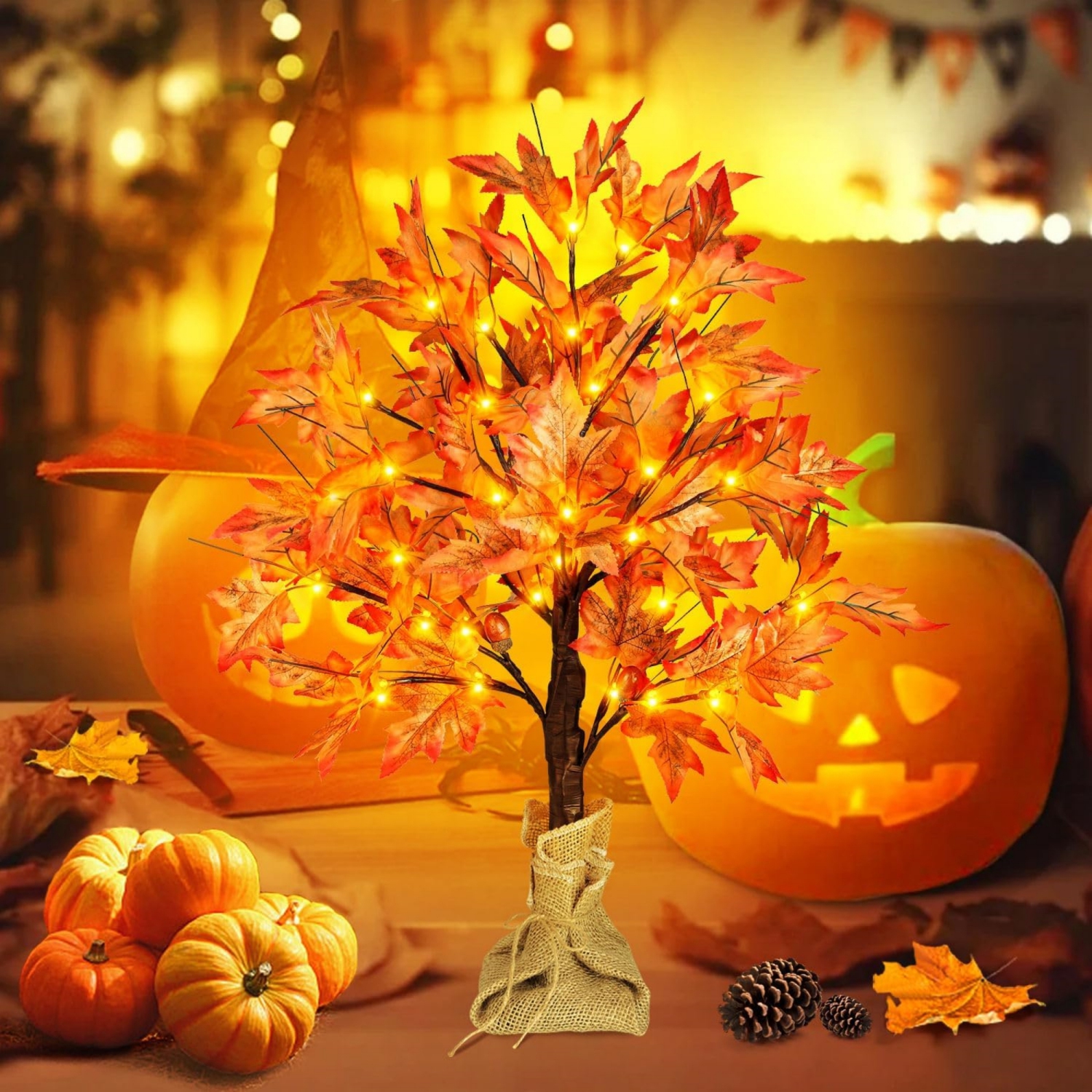2FT Fall Lighted Maple Tree, Tabletop Artificial Tree with 36 LED Lights, 72 Leaves, 6 Acorn, Timing Battery Operated with Burlap Base for Indoor