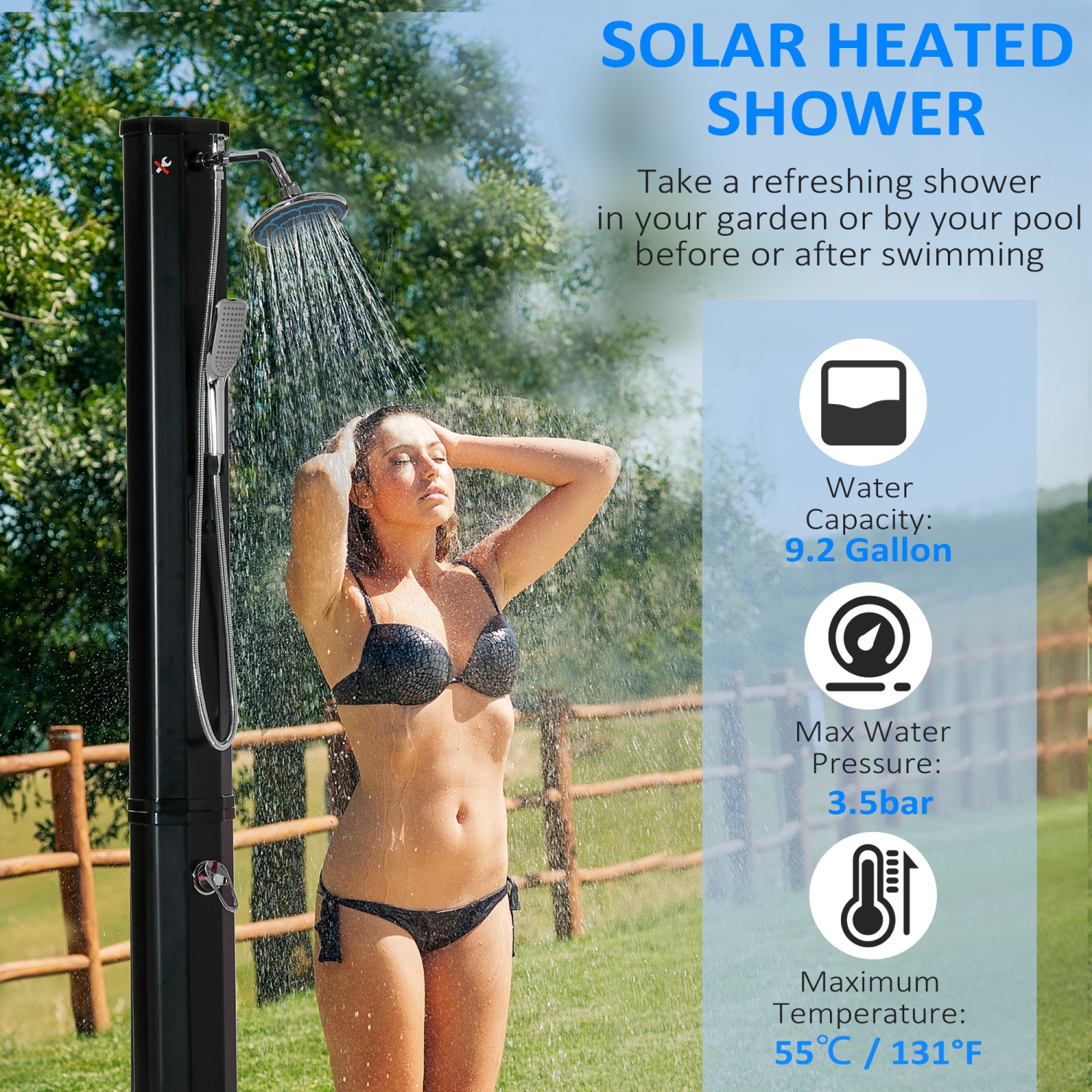 Outsunny 7ft Outdoor Solar Heated Shower w/ 360 Rotating Rainfall & Handheld Shower Head, Foot Shower Faucet, Temperature & Pressure Adjustable,